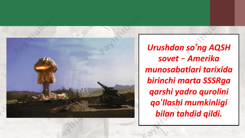 a va reyk yavikdagi uchrashuvlarida boshlandi. bu uchrashuvlar biron-bir shartnoma imzolanishi bilan yakunlanmagan bo‘lsa-da, ikkala tomonning ham insoniyatni yadro urushi xavfidan xalos qilishga bo‘lgan intilishini namoyon qildi. dunyoning kapitalistik va sotsialistik mamlakatlarga bo‘linishi. xx asrning 80-yillari. kapitalistik mamalakatlar sotsialistik mamalakatlar savol va topshiriqlar 1. urushdan so‘ng sssr va aqsh o‘rtasidagi asosiy ziddiyatlar nimalardan iborat edi? 2. «marshall rejasi» va aqsh bilan sssrning yevropadagi iqtisodiy raqobati qanday natijalarga olib keldi? 3. 1970 – 1980-yillarda xalqaro munosabatlardagi asosiy voqealar nimalardan iborat edi? aqsh va sssr o‘rtasida imzolangan shartnomalar jahonda tinchlikni saqlashda qanday rol o‘ynadi? 4. «sovuq urush»ga xotima yasagan yangicha siyosiy tafakkurning asosiy prinsiplari nimalardan iborat edi? image2.jpg image3.jpeg image4.jpeg image5.jpeg image6.jpeg image7.jpeg image8.jpeg image9.emf image10.jpeg image11.jpg image12.jpg image13.jpg image14.jpeg image15.jpg image16.emf image1.jpg russia military /docprops/thumbnail.jpeg
