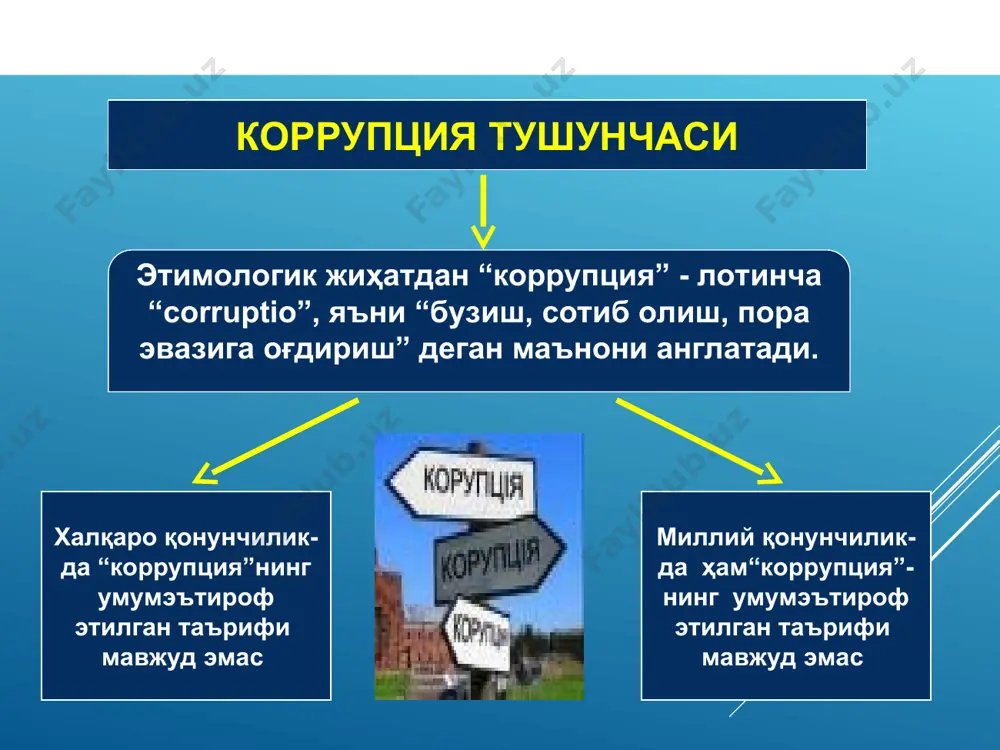 лар бмт “коррупцияга қарши конвенцияси” 2003 йил 31 октябрда қабул қилинган бўлиб, мазкур ҳужжат муқаддима ҳамда 8 та боб, 71 та моддадан иборат 1-боб умумий қоидалар 8-боб якуний қоидалар 7-боб конвенцияни татбиқ этиш 6-боб ўзаро ахборот алмашинуви ва техникавий ёрдам 2-боб коррупциянинг олдини олиш чоралари 3-боб криминаллашув ва ҳмқо фаолиятига оид масалалар 4-боб халқаро ҳамкорлик 5-боб активларни қайтариш ўзбекистон республикаси бош прокуратурасининг олий ўқув курслари бмт “коррупцияга қарши конвенцияси” миллий оммавий мансабдор шахсларга пора бериш хорижий оммавий мансабдор шахсларга ва оммавий халқаро ташкилотларнинг мансабдор шахсларига пора бериш оммавий мансабдор шахс томонидан мол-мулк талон-торож қилиниши, ноқонуний ўзлаштирилиши ёки кўзда тутилмаган мақсадларда ишлатилиши ғаразли мақсадларда мавқеидан фойдаланиш хизмат лавозимининг суиистеъмол қилиниши ноқонуний тарзда бойлик орттирилиши хусусий секторда пора бериш хусусий секторда мулкнинг ўғирланиши жиноий йўл билан топилган даромадларни легаллаштириш жиноятни яшириш одил судловнинг амалга оширилишига тўсқинлик қилиш коррупцияга қарши курашиш тармоғи ва стамбул режаси иқтисодий ҳамкорлик ва ривожланиш ташкилоти коррупцияга қарши курашиши …
