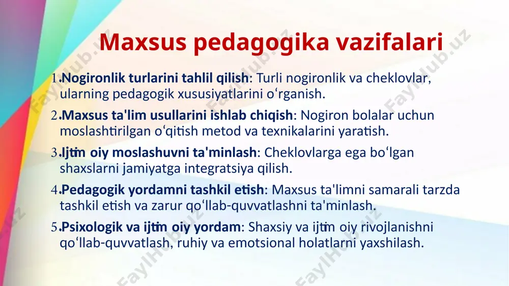 mmolar: ular o‘z muammolarini ijtimoiy muhitda yaxshi ifodalay olmaydilar, bu esa psixologik va emotsional qiyinchiliklarga olib kelishi mumkin. alohida yordamga muxtoj bolalar toifalari 7. maxsus ta'limga muhtoj bolalar bular o‘zgacha ta'lim uslublariga muhtoj bolalar bo‘lib, ular maxsus o‘qitish metodlari va texnikalari yordamida rivojlanishi kerak. inklyuziv ta'limga muhtoj bolalar: bu bolalar an'anaviy ta'lim tizimida muammolarga duch kelishi mumkin, shuning uchun ular inklyuziv ta'lim (barcha bolalar uchun moslashtirilgan o‘qitish) yoki maxsus ta'lim (alohida o‘qitish tizimlari)ga muhtoj bo‘lishi mumkin. image1.jpeg image2.jpeg image3.jpeg image4.jpeg image5.jpeg image6.jpeg /docprops/thumbnail.jpeg