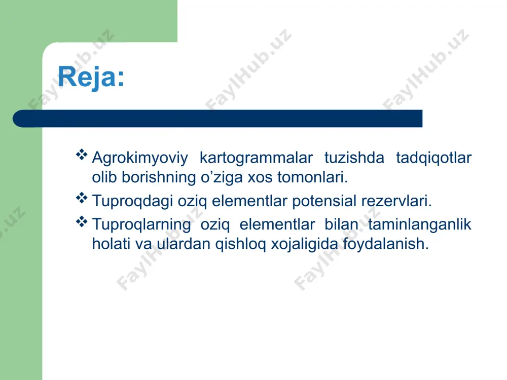 dalanuvchilar uchun kimyoviy vositalardan foydalanishning ilmiy asoslangan loyihalari va rejalari ishlab chiqiladi. bu reja va loyihalarga egalik qilgan ko‘plab fermer xo‘jaliklari ekin maydonlari unumdorligini keskin oshirishga erishib, yuqori va barqaror hosil olmoqda. agrokimyoviy kartogrammalar tuzishda tadqiqotlar olib borishning o’ziga xos tomonlari o'zbekiston milliy universiteti, 2021 2019 yilda o’zqxv va daverkadastr qumitasi “sugoriladigan yerlarda tuproq agrokimyoviy tadqiqot ishlarini bajarish va agrokimoviy kartogrammalar tuzish hamda mineral o’g’itlarga bo’lgan ilmiy talabni ishlab chiqish bo’yicha uslubiy kursatmalar"ni ishlab chiqdi. mazkur metodikaga muvofiq yer o‘rganish, tuproq xaritalari va xo‘jalik yer uchastkalarining agrokimyoviy kartogrammalarini tayyorlash uchun hududning 1:5000 masshtabdagi topografik bazasi talab qilinadi. agrokimyoviy kartogrammalar tuzishda tadqiqotlar olib borishning o’ziga xos tomonlari o'zbekiston milliy universiteti, 2021 aqshning bir qator universitetlari (illinoys, viskonsin, minnesota, ayova) olimlari tuproqni agrokimyoviy tekshirish vaqtida tuproq namunalarini tanlash va agrokimyoviy kartogrammalarni loyihalashda yangi yondashuvni taklif qilishdi. agrokimyoviy kartogrammalar tuzishda tadqiqotlar olib borishning o’ziga xos tomonlari o'zbekiston milliy universiteti, 2021 tuproq qoplamining har …