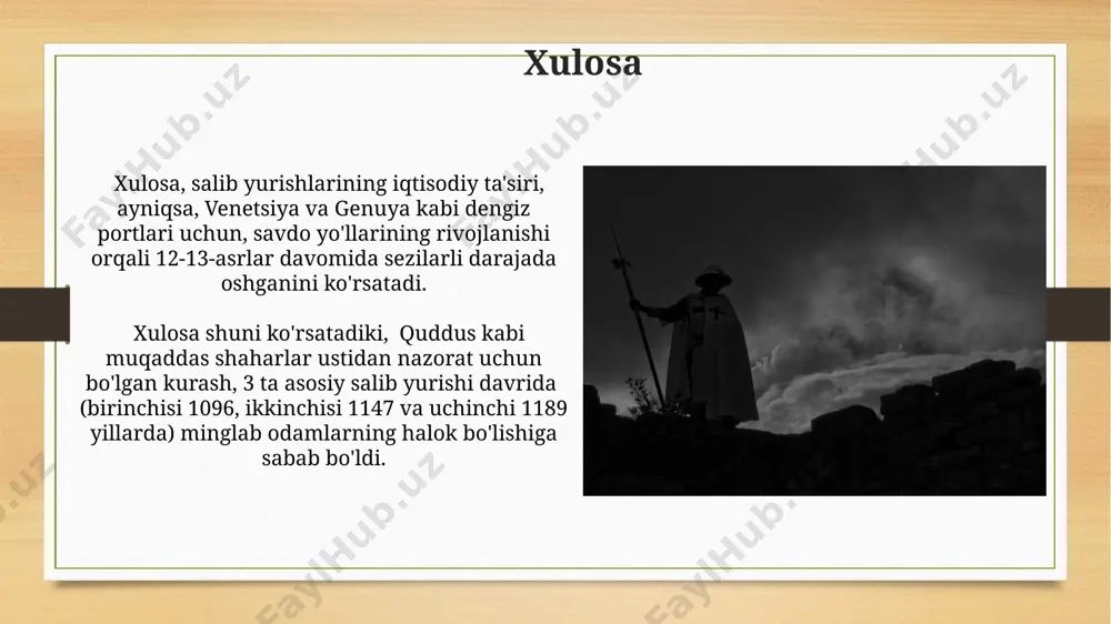 im imperiyasi imperatori konrad iii kabi yevropa hukmdorlari 100 000 dan ortiq askar bilan ishtirok etgan. yerusalimning bosib olinishi yerusalimning bosib olinishi sharq va g'arb o'rtasidagi uzoq davom etgan diniy va siyosiy ziddiyatlarning cho'qqisi bo'lib, bu voqea keyingi 200 yil ichida bir nechta salib yurishlariga sabab bo'ldi. 1099-yilda birinchi salib yurishi davomida yerusalim shahri salibchilar tomonidan musulmonlar qo'lidan tortib olindi, bu voqea 7 kunlik qonli qirg'in bilan yakunlandi va shahar aholisining ko'pchiligi o'ldirildi. birinchi salib yurishi salib yurishi davrida, taxminan 1 million kishi, asosan dehqonlar va kambag'allar, yevropaning turli burchaklaridan, masalan, fransiya va germaniyadan quddusga yo'l oldi. birinchi salib yurishi natijasida, quddus va yaqin sharqning katta qismi quddus qirolligi deb nomlangan yangi salibchi davlati tomonidan nazoratga olindi, bu esa mintaqada siyosiy taranglikni kuchaytirdi. salib yurishlarining sabablari 1095-yilda papa ii urban tomonidan eʼlon qilingan birinchi salib yurishi, vizantiya imperiyasi bilan oʻrtasidagi diniy va siyosiy sabablar, shuningdek, musulmonlarning muqaddas yerni nazorat qilishi …