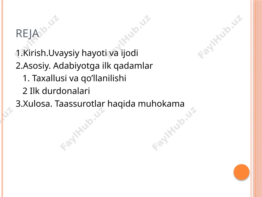 asosida maydonga kelgan inson takdiri, shaxe erki va maʼrifatparvarlik gʻoyalarida latif va dilkash asarlar yaratgan, asarlarida insonni eʼzozlash, odamlarni tabiat va xayet nozneʼmatlaridan bahramand boʻlishga undash, doʻstlik, vafo va sadoqat haqidagi ulugʻvor niyatlarini qurʼon oyatlari, hadislar va tasavvufiy talqinlar bilan asoslagan holda ijodiy barkamollikka erishgan. uning sheʼrlarida tariqatning talab va qoidalariga taallukli boʻlgan talqinlar koʻp uchraydi:fano mardumlarini sirridin hech kimsa yoʻq ogoh,qabih guftor mardumdin koʻngul dogʻ oʻldi, dogʻ oʻldi. uvaysiy oʻz asarlarida yuksak odamiylikni, shu odamiylikni qalb toʻrida avaylovchi vafodor yorni ulugʻlaydi, uni quyosh bilan qiyos qiladi. quyosh xar tong ufqdan bosh koʻtarib, oʻzining otashin nuri bilan olamga, odamlarga oʻz mehr va shafqatini sochadi. shoira yor va oftob tashbihlaridan qarshilantirish sanʼati orqali eng goʻzal tuygʻular silsilasini yaratadi. uning lirik qaxramoni mushohadakor donishmand, vafoli oshiq. uning anor haqidagi mashhur chistoni oʻzining muhim mazmuni va yuksak badiiyligi bilan shoira ijodining yorqin bir sahifasi sifatida koʻzga tashlanadi:bu na gumbazdur, eshigi, tuynugidin yoʻq nishon,necha …
