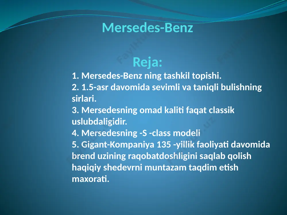 irrali yulduzni ko‘rganingizda xayolingizga nima keladi? bu savolga avtomobildan xabari yo‘q odam ham javob bera oladi. bu – mercedes. kompaniya avtotransport vositalaridan tashqari, samolyotlar va kemalar uchun motorlar, ehtiyot qismlar ham ishlab chiqargani sababli logotipdagi uch qirrali yulduz samoda, suvda va yerda insonlarga xizmat qiluvchi brend ramzi hisoblanadi. belgining sodda va esda qolarli dizayni uni butun dunyoda unutilmas va taniqli qilib qo‘ydi. logotip yaratilgandan beri 7 marta o‘zgargan: 1902, 1909 (2 marta), 1916, 1926, 2008, 2009 va 2011 yillarda. logotip yaratilgandan beri 7 marta o‘zgargan urush davridagi inqiroz 1941 yilda 2-jahon urushi boshlandi. butun dunyo inqirozni boshdan kechirdi. kompaniya faoliyatiga ham bu qattiq ta'sir qildi, hatto yopilish arafasiga kelib qoldi. 1945 yilda mercedes zavodlari bombalar ostida butunlay vayron bo‘ldi. ammo kompaniya izlanishdan to‘xtamadi. 1947 yilda germaniya kansleri konrad adenauer uchun yaratilgan mercedes 300 modeldagi limuzin avvalgi modellardan tubdan farq qildi va nemis mashinalarining shuhratini yana qaytara boshladi. germaniya kansleri konrad …