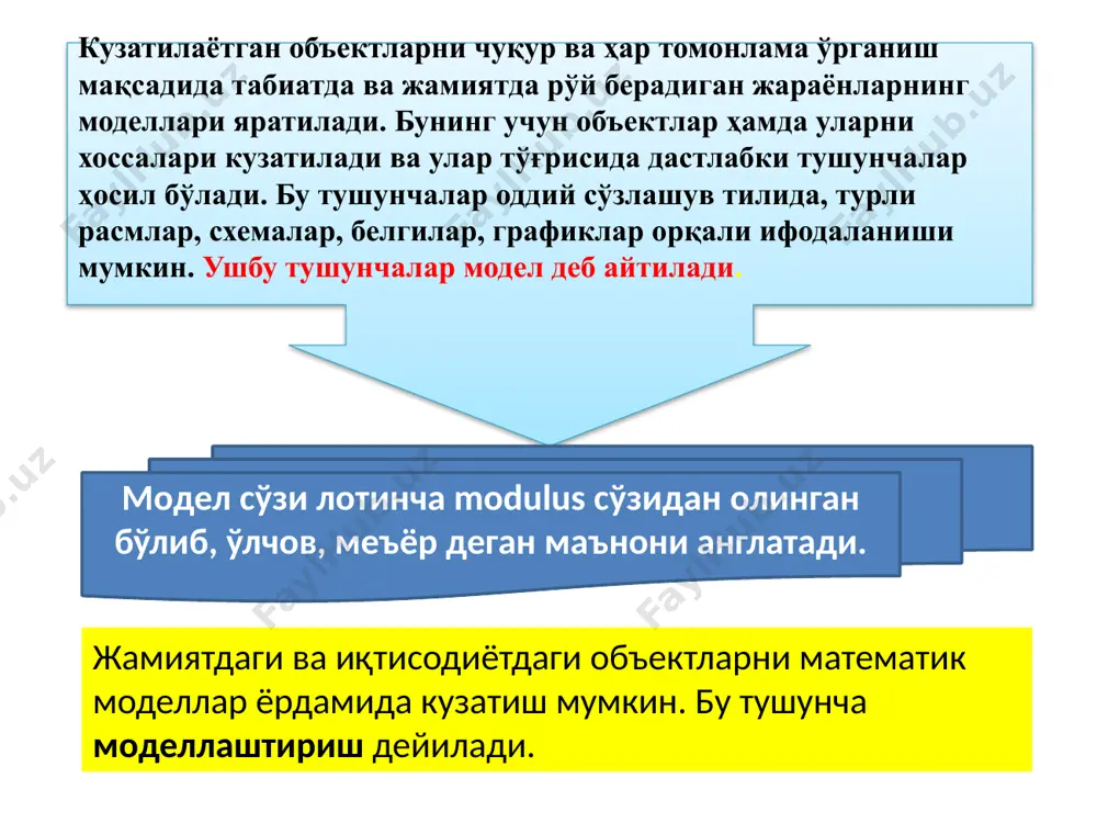 : мел билан доскада, картон билан макет тузиш, қалам билан формула ёзиш, металлдан авиамодел ясаш. идеал моделлар одамни фикрлаш жараёни билан чамбарчас боғлангандир. бундай моделлар билан операциялар мияда амалга оширилади. мисол қилиб, ҳайвонларнинг ҳаракатини келтириш мумкин. моддий моделлар ўз ўрнида физик ва белгили моделлардан иборат. физик моделлар реал объектни физик табиатини акс эттирадилар ва асосан физик хоссаларини ифодалайдилар. улар кўпроқ техника фанларида қўлланилади. белгили моделлар ҳар хил тилларда ифодаланиши мумкин: сўзлашув тилида, алгоритмик, график, математик тилда. . иқтисодиётда энг кенг қўлланиладиган моделлардан бири - бу иқтисодий-математик моделлардир. . математик моделлаштириш - иқтисодий жараёнларни тенгламалар, тенгсизликлар, функционал, логик схемалар орқали ифодалаш деб тушунилади. объектнинг математик модели аниқ математик масала («модел-масала») каби камида 2 гуруҳ элементларини ўз ичига олади: аниқлаш керак бўлган объект характеристикаси (номаълум катталиклар) - y = (yi) вектор компонентлари; моделлаштирилаётган объектга нисбатан ҳисобланадиган ташқи ўзгарадиган шартлар ҳарактеристикаси - х = (хi) вектор компонентлари. иқтисодий-математик моделлар ўз ўрнида функционал ва …