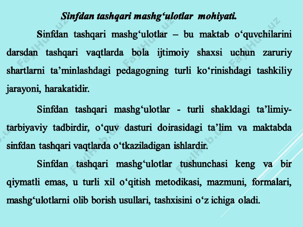 ‘zlari bilan rag‘batlantirilib, hammani faollash-tirishga erishish zarur. formula yozishda qiynalgan o’quvchilarga o’qituvchi ular tushunmagan joylarini amaliy jihatdan qaytadan bajarib berish maqsadga muvofiq bo’ladi. konkurslar kecha va konkurslar o‘quvchilar bilan ishlashda muhim ahamiyatga ega. o‘quvchilarda har xil konkurslar qiziqish uyg‘otadi. informatika bo‘yicha konkurs sifatida “nima?, qayerda?, qachon?”, “kompyuter o‘yini musobaqasi” o‘yinlarini tashkil qilish zarur. misol uchun: baxtli tasodif tadbir maqsadi va vazifalari: -informatika faniga qiziqishni uyg’otish va ijodiy faoliyatni oshirish; -algoritmik fikrlash, xotira, e’tiborni teranlashtirish va rivojlantirish; -raqibga hurmatni tarbiyalash, mushohada olib borishni o’rgatish, sust bo’lgan irodani shakllantirish, topshiriqni bajarish va rivojlantirish; -noan’anaviy shaklda berilgan bilim va o’tilgan darslar mazmunini takrorlash hamda o’zlashtirishini oshirish; -atrof muhitni tahlil qilishda tizimli-ma’lumot yondashuvini shakllantirish; -zamonaviy sharoitda umummilliy, umumintelektual xarakterdagi ko’nikma va malakalarni shakllantirish, rivojlantirish; -boshqa fanlar bilan aloqani kengaytirish, tayyorlov bosqichi. har bir sinfda olti kishidan tashkil topgan ikkita komanda tuziladi. har bir komandada jamoa etakchisi tayinlanadi. qolgan o’quvchilar esa 2ta guruhga bo’linadi va …