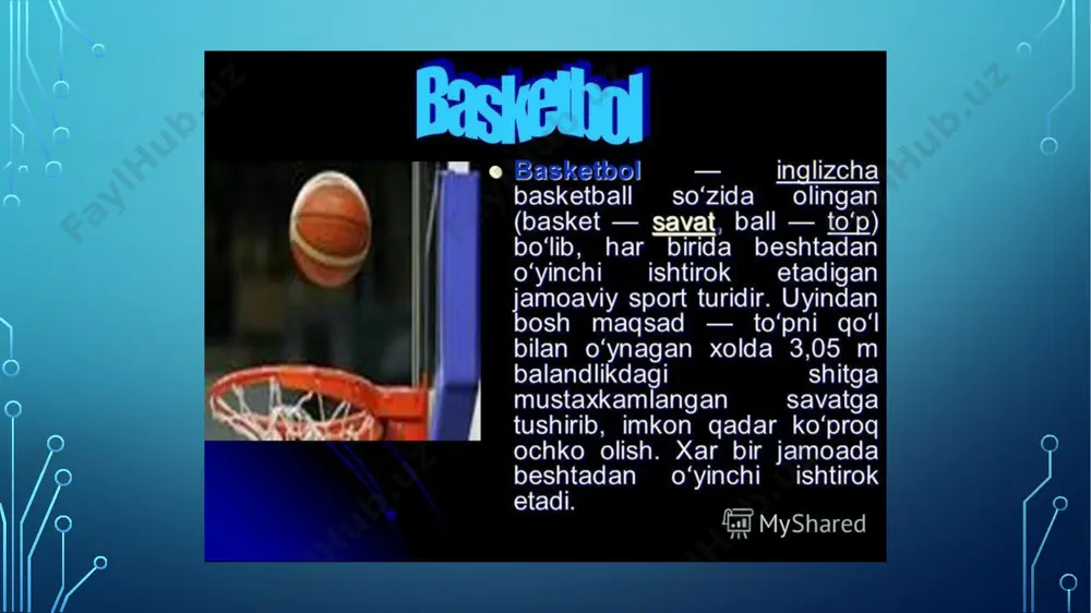 lgan ishni bajaradi. bir tomondan hissiy muvozanat va boshqa tomondan texnika tezlik va portlash bilan birga bo'lishi kerak bo'lgan aniqlik va xavfsizlikni ta'minlaydi. axloqiy sohada basketbol amaliyotchida o'ziga bo'lgan muhabbat, hamkorlik, birdamlik, atrofdagilarga hurmat, sadoqat, intizom, iroda va boshqalar ruhini uyg'otadi. xulosa qilib shuni xulosa qilish mumkinki, basketbol - bu shaxs uchun jismoniy, axloqiy va ijtimoiy tarbiyaning ajoyib vositasi. ushbu sport turining ixtirosi massachusets shtatidagi sprinfildda o'qituvchi jeyms naysmitning xalqaro yigitlar xristian assotsiatsiyasi kollejida olib borgan tadqiqotlari bilan bog'liq. basketbolning kelib chiqishi o'sha paytdagi kollej direktori, professor gulikning 1894/1892 yil qishda naysmitga yo'llagan ko'rsatmasi bilan bog'liq bo'lib, ushbu iqlim mavsumiga moslashib, ichkarida o'ynaladigan o'yinni idealizatsiya qilish uchun. kichik va boshqariladigan joy. basketbolning kelib chiqishi o'sha paytdagi kollej direktori, professor gulikning 1894/1892 yil qishda naysmitga yo'llagan ko'rsatmasi bilan bog'liq bo'lib, ushbu iqlim mavsumiga moslashib, ichkarida o'ynaladigan o'yinni idealizatsiya qilish uchun. kichik va boshqariladigan joy. naismit qoidalar va yangi sport bilan shug'ullanish …