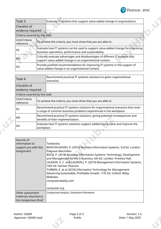 added change for improving business operations, performance and sustainability. m3 critically evaluate advantages and disadvantages of different it systems that support value-added change in an organisational context. d3 provide justified recommendations for improving it systems in the support of value-added change in an organisational context. task 4 recommend practical it systems solutions to given organisational scenarios. checklist of evidence required criteria covered by this task: unit/criteria reference to achieve the criteria, you must show that you are able to: p5 recommend practical it systems solutions for organisational scenarios that cover a range of common business problems experienced in the workplace. m4 recommend practical it systems solutions, giving potential consequences and benefits of their implementation. d4 evaluate how it systems solutions support added future value and improve the workplace. sources of information to support you with this assignment textbooks benyon-davies, p. (2019) business information systems. 3rd ed. london: palgrave macmillan. bocij, …