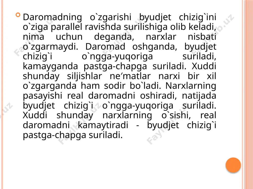 l egri chiziqlari deyiladi engel egri chiziqlari bo`ylab xarid qilinadigan tovarlar miqdorini (q) belgilangan. iste′molchi ehtiyoji birinchi navbatda kundalik zaruriy ehtiyoj tovarlari (q1), ikkinchi navbatda standart sifatli sanoat mahsulotlari (q2) va nihoyat, keyinchalik oliy kategoriyali tovarlar (q2) bilan to`yinadi. yana shu holat aniqlanganki, oliy sifatli tovarlar va xizmatlarga talab oshganda ham, kundalik hayotda foydalaniladigan standart sifatli sanoat mahsulotlariga talabning kuchayishi qonuniyati kuzatilgan. 2. “narx-iste′mol” chizig`i tahlili yuqorida ―daromad-iste′mol‖ chizig`i tahlil qilinganda, ne′matlar narxi o`zgarmaydi deb faraz qilingan edi. endi daromadni o`zgarmas deb qabul qilgan holda, ne′matlardan birini, masalan, x ne′matning narxini o`zgaruvchan, y ne′matnikini esa o`zgarmas deb qaraymiz. faraz qilaylik, x ne′matning narxi (p) pasayib bormoqda, ya′ni . p >p1> p2> p3 grafikda narxning bunday o`zgarishi, byudjet chizig`ini ab holatdan ab1, ab2 ab3 va holatlarga siljitadi (7.3-rasm). masalan, x tovar olma, y tovar apelsin bo`lsin. (a) rasmda apelsin narxi o`zgarmaydi, olma narxi pasayib bormoqda. natijada byudjet chizig`ining y o`q bilan …