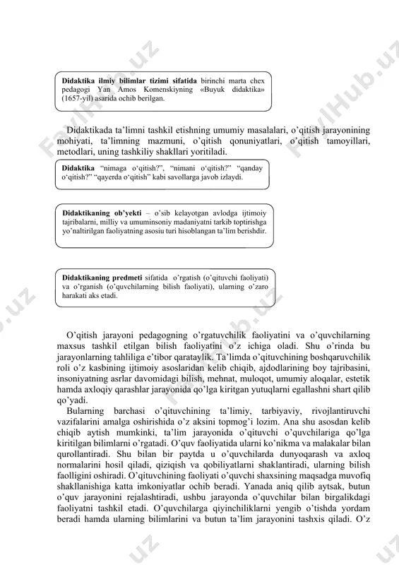 b hisoblanadi. didaktika nomi ostida fanni nazariy va metodologik asoslarini tadqiq qiladigan ilmiy fanni tushundi. didaktikaning fundamental ilmiy asoslari ilk bor ya.a.komenskiy tomonidan ishlab chiqilgan. 1657-yilda u chex tilida «buyuk didaktika» asarini yozdi. didaktikani komenskiy «hammani hamma narsaga o’rgatish san’ati» deb tushuntirdi. «didaktika» atamasi ilk bor nemis pedagogi volfgang ratkening «didaktika yoki ta’lim san’ati» (1613-yil) deb nomlangan ma’ruzasida qo’llanilgan. didaktika ilmiy bilimlar tizimi sifatida birinchi marta chex pedagogi yan amos komenskiyning «buyuk didaktika» (1657-yil) asarida ochib berilgan. didaktikada ta’limni tashkil etishning umumiy masalalari, o’qitish jarayonining mohiyati, ta’limning mazmuni, o’qitish qonuniyatlari, o’qitish tamoyillari, metodlari, uning tashkiliy shakllari yoritiladi. didaktika “nimaga o‘qitish?”, “nimani o‘qitish?” “qanday o‘qitish?” “qayerda o‘qitish” kabi savollarga javob izlaydi. didaktikaning ob’yekti – o’sib kelayotgan avlodga ijtimoiy tajribalarni, milliy va umuminsoniy madaniyatni tarkib toptirishga yo’naltirilgan faoliyatning asosiu turi hisoblangan ta’lim berishdir. didaktikaning predmeti sifatida o’rgatish (o’qituvchi faoliyati) va o’rganish (o’quvchilarning bilish faoliyati), ularning o’zaro harakati aks etadi. o’qitish jarayoni pedagogning …