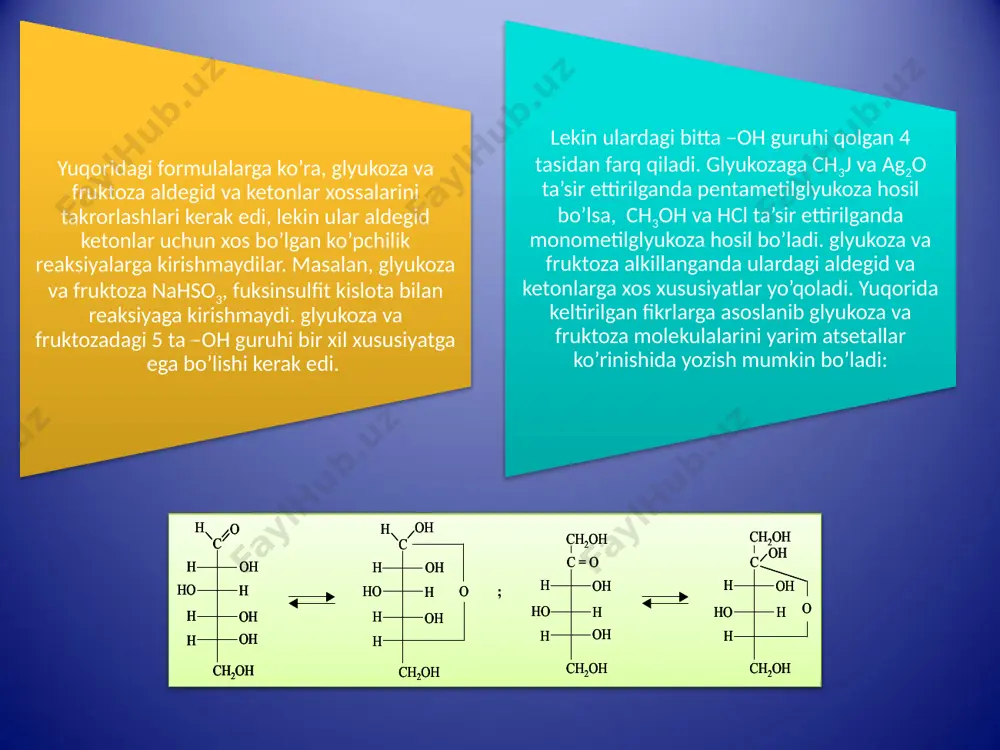 a suyultirilgan sulfat kislota qo’shib qizdirilganda furfurol, geksozalardan oksimetilfurfurol hosil bo’ladi. oksimetilfurfurol beqaror bo’lganligi sababli gidrolizlanib lavulin kislotaga aylanadi: monosaharidlarning bijg’ishi. monosaharidlar fermentlar ishtirokida bijg’iganda oxirigi mahsulot sifatida ishlatilayotgan fermentning turiga qarab etil spirti, atseton, glitserin va boshqa mahsulotlar hosil ulishi mumkin: monosaharidlar oziq-ovqat sanoatida ahamiyatga ega. oligosaxaridlar. disaxaridlar. disaxaridlar (biozlar) gidrolizlanganda ikki molekula monosaxaridlarni hosil qiladilar. disaxaridlar ikkiga – qaytariladigan va qaytarilmaydigan disaxaridlarga bo’linadilar. qaytarilmaydigan disaxaridlarga tregaloza (qo’ziqorin shakari) misol bo’ladi. bu disaxarid tautomeriyaga uchramaydi. chunki efir bog’i ikkita glyukozid gidroksili hisobiga hosil bo’lgan. maltoza tautomeriyaga uchray oladi. chunki efir bog’ hosil bo’lishida faqat bitta glyulkozid gidroksili ishtirok etadi. u ochiq aldegid guruhini saqlaydi. shuning uchun karbonil guruhi uchun xos bo’lgan reaksiyalarni barchasiga kirisha oladi. disaxaridlar orasida saharoza (qand lavlagi shakari, shakar-qamish shakari) tabiatda keng tarqalgan. u qand lavlagidan (quruq lavlagidan tarkibida 28% gacha saharoza bor), shakar-qamishdan olinadi. saharoza fruktoza bilan glyukozadagi glyukozid gidroksillari hisobiga suv chiqib ketishi natijasida …