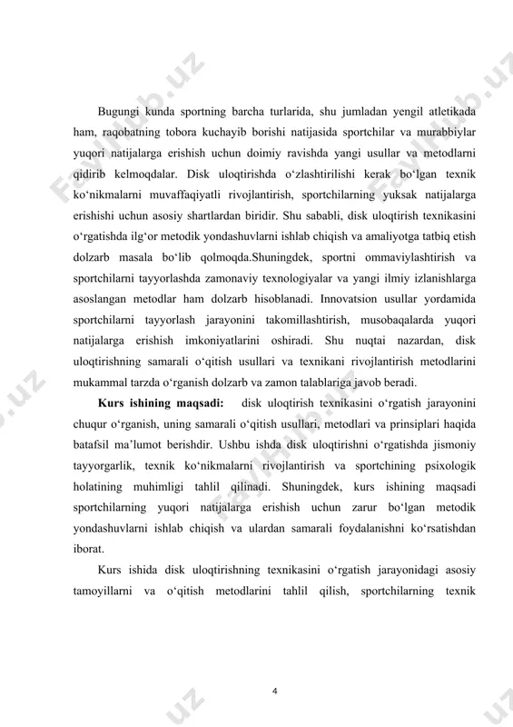 larga erishish uchun zarur bo‘lgan tayyorgarlikni ta’minlashga qaratilgan metodik yondashuvlarni o‘rganish lozim. disk uloqtirishning fiziologik, psixologik va texnik jihatlarini birgalikda ko‘rib chiqish va bu borada samarali o‘qitish usullarini ishlab chiqish ham kurs ishining vazifalaridan biridir. disk uloqtirishni o‘rgatishda qo‘llaniladigan mashqlarni va treninglarni aniqlash, sportchilarning individual xususiyatlarini hisobga olgan holda, ularga moslashtirilgan tayyorgarlik dasturlarini ishlab chiqishdan iborat. shuningdek, psixologik tayyorgarlikning sportchilarning muvaffaqiyatiga qanday ta’sir qilishini o‘rganish, ruhiy holatni boshqarish va sportchining o‘ziga bo‘lgan ishonchini oshirishga qaratilgan metodlarni ishlab chiqish kurs ishining yana bir muhim vazifasidir.zamonaviy yondashuvlar va innovatsion metodlarni o‘rganish, disk uloqtirish texnikasini takomillashtirish uchun ilg‘or texnikalarni joriy etish orqali sportchilarning maksimal natijalarga erishish imkoniyatlarini oshirishga qaratilgan tavsiyalar ishlab chiqish lozim. disk uloqtirishni o‘rgatishning samarali usullarini ishlab chiqish orqali, o‘qitish jarayonini mukammallashtirish, sportchilarni yuqori darajada tayyorlash va ularga musobaqalarda muvaffaqiyat qozonishga yordam berishdir. kurs ishining tarkibiy tuzilmasi: ushbu kurs ishi 2 ta bob, 6 ta reja, xulosa va foydalanilgan adabiyotlardan iborat. …