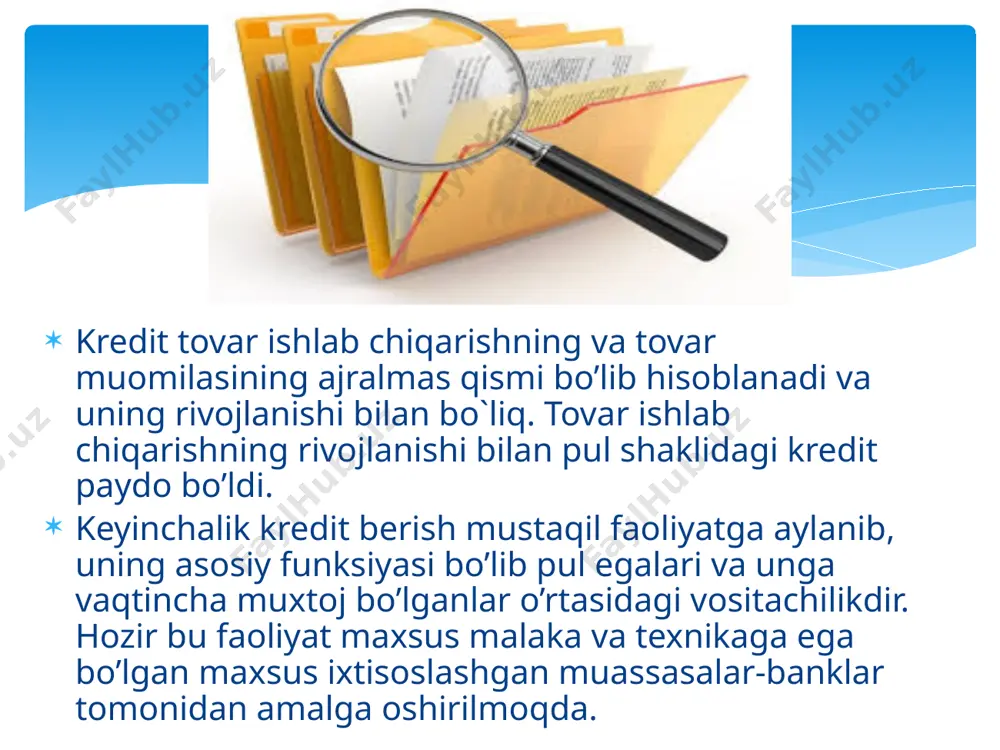 sodiy o`sishni rag`batlantirish vazifasini bajaradi. kredit o`z muassasalari orqali iqtisodiy subyektlar faoliyati ustidan nazorat qilish vazifasini bajaradi. kredit pulga tenglashtirilgan to`lov vositalarini (veksel ,chek, sertifikat) yuzuga chiqarib , ularni xo`jalik amaliyotiga joriy etish vazifasini bajaradi. kredit naqd pullar orniga kredit pullarini rivojlantirish va pul muomalasini jadallashtirish bilan muomala xarajatlarini tejash vazifasini bajaradi. kredit turlari. bank krediti- pul egalari(banklar va maxsus kredit muassasalari) tomonidan qarz oluvchilar (tadbirkorlar,davlat, uy xo`jaligi sektori) ga pul ssudalari shaklida beriluvchi kredit. xo`jaliklararo kredit- bir korxona (muassasa) tomondan ikkinchisiga beriluvchi kredit. tijorat krediti – korxonalar, birlashmalarva boshqa xo`jalik yurituvchi subyektlarning bir- biriga beradigan krediti. iste`mol krediti – xususiy shaxslarga, birinchi navbatda, uzoq muddat foydalaniladigan iste`mol tovarlari(mebel, avtomobil, televizorva boshqalar) sotib olish ucun ma`lum muddatga beriladigan kredi. ipoteka krediti – ko`chmas mulklar ( yer, bino) hisobiga uzoq muddali ssudalar shaklida beriluvchi kredit. davlat krediti – davlat pul mablag`lari qarzdori, aholi va xususiy biznes esa kreditorlari bo`lib chiqadigan kredit …
