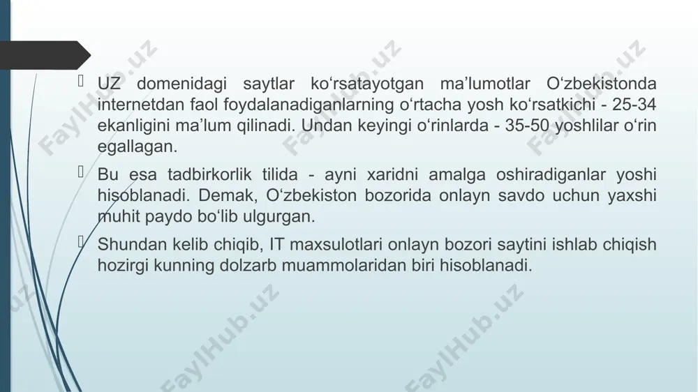 chuqur bozor tadqiqotini talab qiladi. mijozlaringiz nimani to‘lashga tayyorligini va raqobatchilaringiz taklif qilayotgan bir xil turdagi mahsulot narxini tushunish muhimdir. narxni belgilashdan oldin siz bozor qiymatini aniqlashingiz kerak. ii bob. it maxsulotlari onlayn bozori saytini ishlab chiqish 2.1. local server dasturlarini o‘rnatish 2.2. sayt ma’lumotlarini saqlash va sayt tuzilishi 2.3. it maxsulotlari onlayn bozori saytini ishlab chiqish o‘rnatishni boshlaymiz. dastlab distributivni oxirgi versiyasini ko‘chirib olamiz va ko‘chirilgan faylni ishga tushiramiz. denwerni ishga tushirishni tayyorladi. so‘ngra quyida oynada brovzer oynasini yopishni so‘raydi. brovzerni yopgandan so‘ng quyidagi oyna ham avtomatik yopiladi. quyidagi oynada c diskga webservers katalogini hosil qilishni so‘raydi. agar boshqa katalog nomini kiritishni hohlasak unda [c:\webservers]: dan keyin c:\wserverx yoki ihtiyoriy nom kiritish mumkin wserverx katalogi hosil bo‘ladi. “da” tugmasini bosib, o‘rnatishni boshlaymiz. enter yaratiladigan virtual disk uchun harf tanlash kerakligi eslatiladi va bizdan biror harf tanlash kerakligi so‘raladi(z) ihtiyoriy harf kiritish mumkin. 1 tanlasak virtul disk kompyuter yoqilganda paydo …