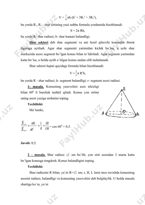 ig`indisiga teng. konus hajmini toping. yechilishi: masala shartiga ko`ra syon sirt= sasos + s∆abs . ikkinchi tomondan, syon = πrl, s∆abs = ab*co = rh, sasos = πr2. bu yerda l= ac, н=co, ∆aoc uch- burchakdan l =ac = ekanligini topamiz. н=сo balandlikni πr = πr2 + rh. tenglamadan aniqlaymiz. ya`ni н= . bundan, v = . javob: · . 5 – masala. konus asosining vatari α yoyga tiralgan. uning balandligi yasovchisi bilan β burchak tashkil etadi. konus hajmini toping. yechilishi: ∆aobe uchburchakdan oa = r = = . ∆obd uchburchakdan н= r ctg β ga egamiz. u holda v = πr2h = . javob: . 6 – masala. kesik konusning yasovchisi l ga teng bo`lib, asosi bilan α burchak tashkil qiladi. shu bilan birga yuqori uchidan o`tib qarama-qarshi tomondagi yasovchining pastki uchini tutashtiruvchi to`g`ri chiziqqa perpendikulyar. kesik konusning yon sirtini toping. yechilishi: ∆aa1c uchburchakdan ac = lcosα ga egamiz. …