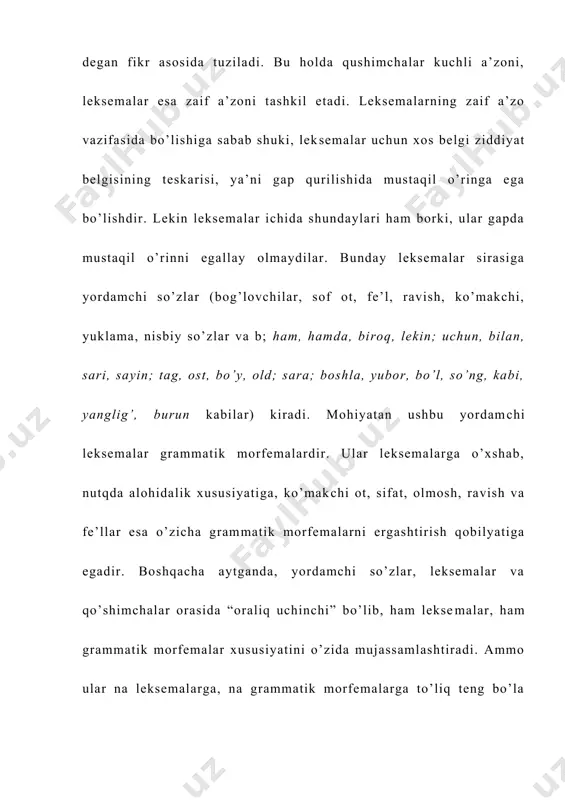 bilan ajratiladi. masalan, 1) [[aniq ot] + [chi] = (ot anglatgan narsa-predmet bilan shug’ullanuvchi, aloqador shaxs atamasi)]; 2) [ot] + [li] = (ot anglatgan narsaga egalikni ifodalovchi sifatlar)]; 3) [aniq ot, sifat+ [lik] = (aniq ot yoki sifatdan hosil qilingan mavhum ot); 4) [ [joy nomi, oykonim] + [lik] = (muayyan joyda yashovchi, shu joyning tub vakili bo’lgan shaxs)]. so’z yasash qolipi uch qismdan iborat bo’ladi: 1) so’z yasashga asos bo’luvchi lug’aviy morfema—leksima; 2) leksemaning ma’nosini o’zgartiruvchi qo’shimcha — yasovchi qo’shimcha; 3) birikish hosilasining tabiati, mohiyati. qolipning har uchala qismidagi cheklanish muayyan qoida (qonuniyat) bilan belgilanishi va tasodifiyliklardan holi bo’lishi kerak. bu fikr, aynisa, i va iii qsimlarga oiddir. aniqrog’i, yuqorida qayd etilgan qoliplardan birinchisini olaylik. bu qolipning birinchi qismida ma’lum bir aniq ot kelishi mumkin. masalan, (etikchi, asalchi, bo’zchi, gulchi). bunday yasama otlarning miqdori cheksiz[footnoteref:1]+. lekin nutqiy me’yorga ko’ra ayrim aniq otlar [-chi] bilan birikmaydi. qiyoslang, lug’atlarimizda (choynakchi), (piyolachi), …