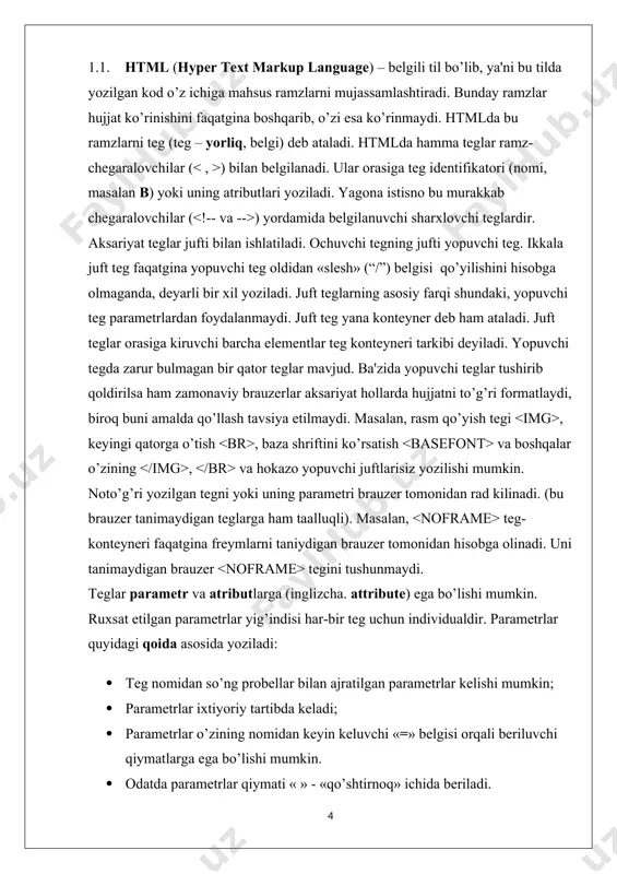 lar lang, language, title lar faqat internet explorerning 4.0 versiyasidan boshlab quvvatlanib keladi. bu parametrlar mos kelgan foydalanadigan tillarni ko’rsatadilar (masalan, rossiya uchun lang=ru), skript yozish tilini (masalan, language=java script) va boshqalar. zamonaviy htmlda til teglari va unda ko’rsatilgan qiymatlar bilan birga, boshlang’ich html-kodda stsenariy kodlari (java script yoki vb script) ham yoziladi. ular to’g’risida keyingi mavzularda batafsil so’z yuritamiz. keling, endi html – hujjat yozishni boshlashda ishlatiladigan teg to’g’risida so’z yuritsak. html - hujjatini yozishni boshlashda ishlatiladigan birinchi teg bu tegidir. u har doim hujjat yozuvining boshida bo’lishi lozim. yakunlovchi teg esa shakliga ega bo’lishi kerak. bu teglar, ular orasida joylashgan yozuvning hammasi butun bir html-hujjatini anglatishi bildiradi. aslida esa hujjat oddiy matnli ascii-faylidir. bu teglarsiz brauzer hujjati formatini aniqlab, tarjima qila olmaydi. ko’pincha bu teg parametrga ega emas. html 4.0 versiyasiga qadar version parametri mavjud edi. html 4.0 da esa version o’rniga parametri paydo bo’ldi. yodga olishimiz lozim, …