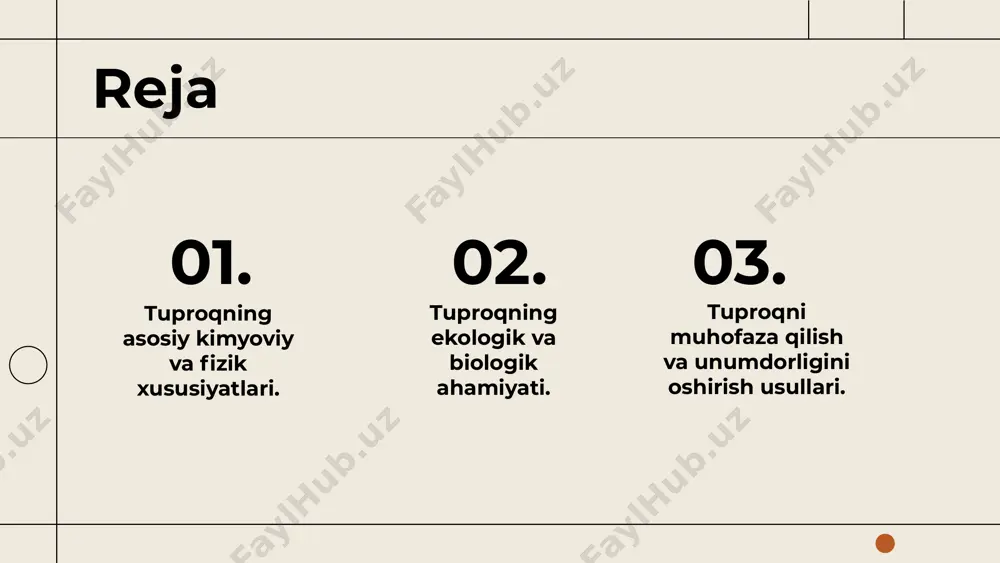 qlashda yordam beradi. integratsiyalashgan yondashuvlar bilan tuproq sifatini yaxshilash mumkin. tuproqning fizik va kimyoviy xususiyatlari o'rtasidagi bog'lanish tuproqning ekologik ahamiyati tuproq va ekosistema tuproq biologik xilma-xillik uchun muhim muhit bo'lib, odamlardan tashqari hayvonlar, o'simliklar va mikroorganizmlar uchun yashash joyi hisoblanadi. suv va havo sifatiga ta'siri tuproq suvni tozalashda muhim rol o'ynaydi, suvsuv va havodagi zararli moddalarni yutadi, organik moddalarni ajratib, havo va suv sifatini yaxshilaydi. biologik xilma-xillikning saqlanishi tuproq biologik xilma-xillikni saqlashda asosiy o'rin tutadi, mikroorganismlar, fungi va boshqa organizmlarning yashash joyi bo'lib, ekosistemani muvozanatda saqlashga yordam beradi. tuproqning biologik ahamiyati tuproqda yashovchi organizmlar va ularning roli tuproqda yashovchi mikroorganizmlar, ayniqsa azot bakteriyalari, tuproq unumdorligini oshiradi, ozuqa moddalarini ishlab chiqaradi va ekosistemaga muhim ta'sir ko'rsatadi. tuproqning oziq-ovqat zanjiridagi o‘rni tuproq mikroorganizmlari oziq-ovqat zanjirida asosiy rol o'ynaydi, ularning yordamida ozuqa moddalar ishlab chiqariladi, biologik xilma-xillik ta'minlanadi va ekosistemalar barqarorligi ta'minlanadi. tuproqning biologik jarayonlari tuproqda dekompozitsiya va azot aylanishi biologik jarayonlarning asosiy …
