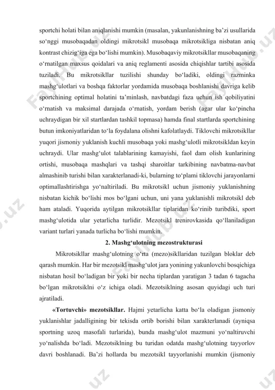 zotsikllar. hajmi yetarlicha katta bo‘la oladigan jismoniy yuklanishlar jadalligining bir tekisda ortib borishi bilan xarakterlanadi (ayniqsa sportning uzoq masofali turlarida), bunda mashg‘ulot mazmuni yo‘naltiruvchi yo‘nalishda bo‘ladi. mezotsiklning bu turidan odatda mashg‘ulotning tayyorlov davri boshlanadi. ba’zi hollarda bu mezotsikl tayyorlanishi mumkin (jismoniy yuklanishning umumiy qiymatining ortib borishi bilan), bu esa sportchining moslashuv (adaptatsion) imkoniyatlariga, sport turining xususiyatlariga, oldingi o‘tkazilgan mashg‘ulot xarakteriga va boshqa (mashg‘ulotlarda tanaffuslar bo‘lganmi yoki yo‘qmi va shu kabi) hollarga bog‘liqdir. ba’zali mezotsikllar mashg‘ulot tayyorlash davrining eng muhim mezotsikllaridandir. shu turda organizmning funksional imkoniyatlarini orttirib beruvchi asosiy mashg‘ulot jismoniy yuklanishlari mavjud bo‘ladi, yangi faoliyatni o‘zlashtirish yoki ol dingi faoliyatda o‘zlashtirilgan formalarini takomillashtiriladi. u mezotsikllar turlichadir. masalan: tayyorgarlikning dastlabki mazmuniga ko‘ra umumiy tayyorgarlik va maxsus tayyorgarlik mezo tsikllari, qo‘yiladigan mashg‘ulot talablari ning yo‘nalishi bo‘yicha rivojlantiruvchi va turg‘unlantiruvchi mezotsikllarga bo‘linadi. bu tipdagi mezotsikllar soni sportchining mas’uliyatliligi musobaqalarga tayyorlanishi uchun kerak bo‘lgan vaqtga bog‘liq bo‘ladi. tayyorlanuvchi-nazorat mezotsikllar. mezotsiklning bu tipi xuddi baza …