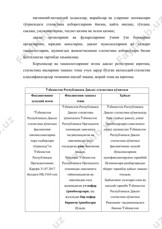 и билан тасдиқланган ўзбекистон республикаси вазирлар маҳкамаси ҳузуридаги давлат захираларини бошқариш қўмитаси тўғрисида низом қўмитага ўзбекистон республикаси президенти томонидан лавозимга тайинланадиган ва лавозимидан озод этиладиган раис бошчилик қилади. қўмита раисининг бир нафар ўринбосари бўлади белгиланган тартибда ўзбекистон республикаси вазирлар маҳкамаси томонидан лавозимига тайинланадиган ва лавозимидан озод қилинадиган. қўмита раиси меҳнатга ҳақ тўлаш, тиббий ва маиший хизмат кўрсатиш шарт-шароитларига кўра вазирнинг биринчи ўринбосарига, раис ўринбосари эса вазир ўринбосарига тенглаштирилади. қўмитада раис (ҳайъат раиси), унинг ўринбосари, шунингдек қўмита фаолиятининг асосий йўналишларини мувофиқлаштирувчи таркибий бўлинмалари раҳбарларидан иборат таркибда ҳайъат ташкил этилади. ҳайъатнинг аъзолари сони ва шахсий таркиби қўмита раисининг тақдимномасига биноан ўзбекистон республикаси вазирлар маҳкамаси томонидан тасдиқланади. энергетика соҳасини маъмурий-ҳуқуқий тартибга солиш қандай? энергетика соҳасида давлат бошқарувини амалга оширувчи махсус орган бу ўзбекистон республикаси энергетика вазирлиги ҳисобланади. ушбу вазирлик ўзбекистон республикаси ўзбекистон республикаси президентининг 2019 йил 1 февралдаги пқ-4142-сон қарори билан ташкил этилган. ўзбекистон республикаси энергетика вазирлигининг ташкилий тузилмаси · қишлоқ ва сув …