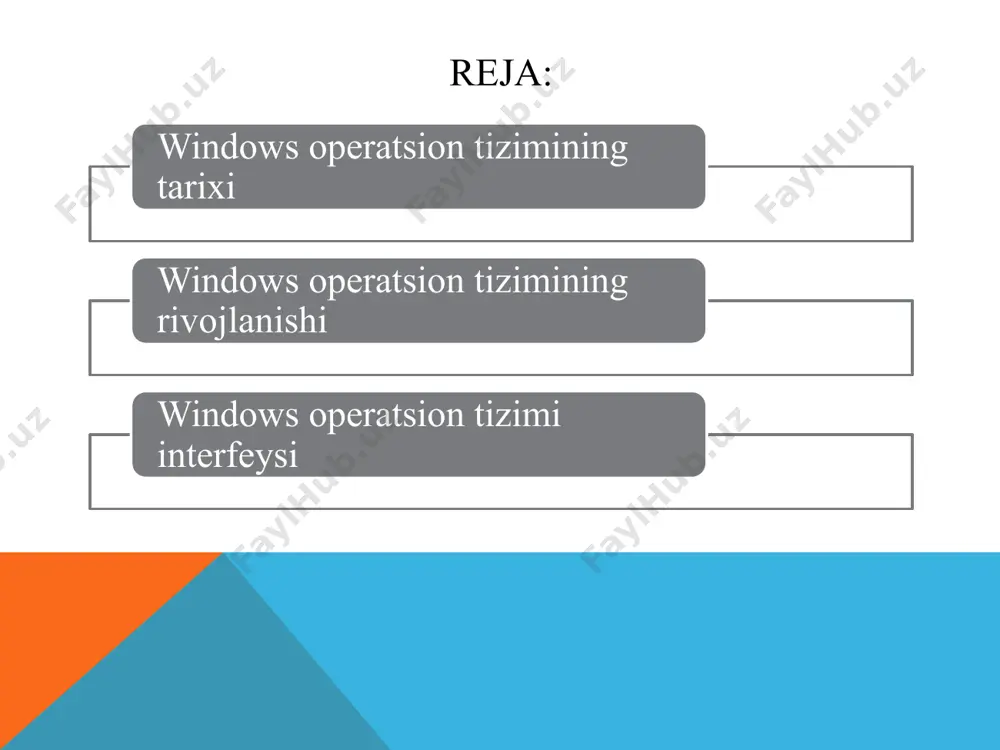 ommabopi edi. netmarketshare tahliliy saytining ma’lumotlariga qaraganda, u hozirda ham dunyodagi barcha kompyuterlarning 11,68 % da o‘rnatilgan ekan. uning dastlabki narxi 85 aqsh dollarini tashkil qilgan va 2015-yil holatiga ko‘ra, 1 milliardga yaqin nusxasi sotilgan. windows xp – eng mashxur operatsion tizim! windows xp operatsion tizimining logotipi windows xp operatsion tizimining bosh interfeysi windows 7 2009-yilning 22-oktabrida windows 7 operatsion tizimi savdoga chiqarildi. unda oldingilaridagi kamchiliklar bartaraf etilgan va interfeys yaxshilangan. windows 7 operatsion tizimi 160-320 aqsh dollarida sotilgan. ikki yil ichida 450,000,000 dan ortiq nusxada sotilgan. netmarketshare ma’lumotlariga ko’ra, 2014 yilning noyabrida dunyodagi barcha kompyuterlarning 55,71 % ida windows 7 operatsion tizimi o‘rnatilgan. windows 7 operatsion tizimining bosh interfeysi windows 7 operatsion tizimining bosh interfeysi windows 12 microsoft faqat windows 10 bilan to'xtab qolishni xohlamadi. garchi kompaniya bu windows uchun so'nggi yirik versiya ekanligini aytgan bo'lsa ham, o'tgan yilga kelib, u o'z qarorini o'zgartirdi va windows 11 ni taqdim …