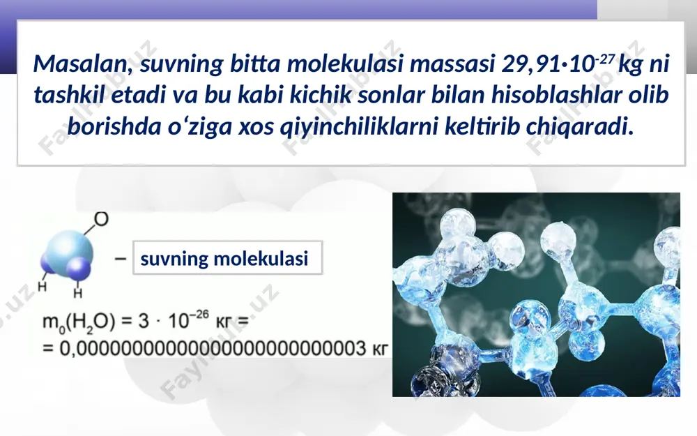 molekulalarning o‘lchami, nisbiy va absolut massasi. 7 - sinf - Page 5