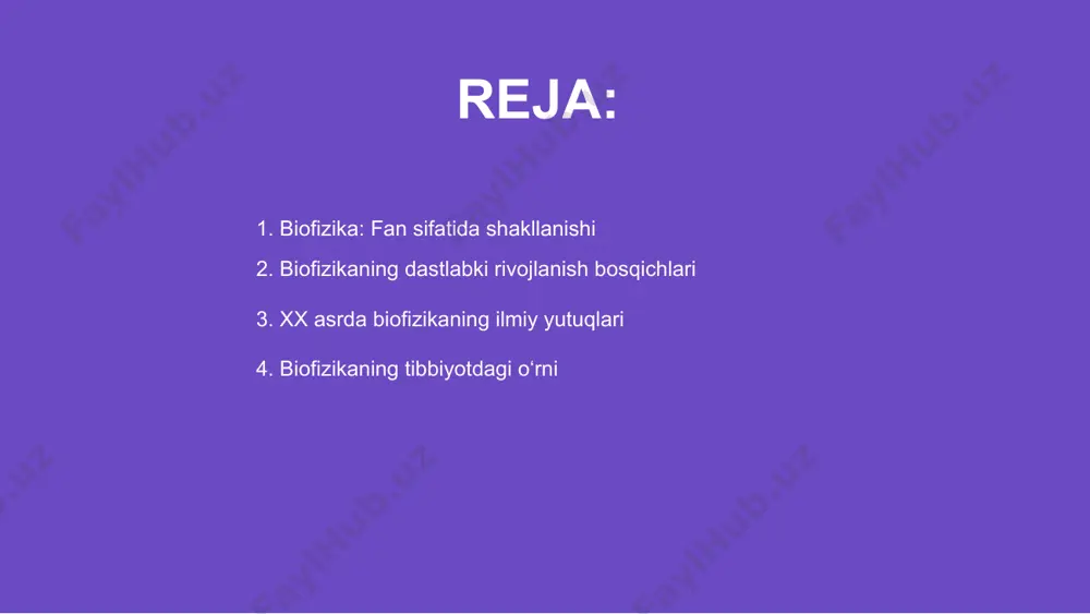iqildi. ular biologik tuzilmalarni tadqiq qilishda qo‘llanila boshlandi. xx asrda biofizikaning ilmiy yutuqlari biofizika fanining rivojlanish tarixi tabiiy fanlar bilan chambarchas bog‘liq. u biologik tizimlarning fizik qonuniyatlarini aniqlash uchun qo‘llaniladi. bu fan tibbiyotda katta ahamiyatga ega. tibbiyotda biofizika organizm jarayonlarini tushunishda muhim rol o‘ynaydi. diagnostika va davolash usullarini takomillashtirishda fizik tamoyillardan foydalaniladi. shifokorlar uchun biofizika bilimlari zarur. zamonaviy tibbiyot biofizika yutuqlariga tayangan holda rivojlanadi. radiologiya, lazer texnologiyalari va elektroterapiya biofizika bilimlariga asoslanadi. bu usullar davolash samaradorligini oshiradi. biofizikaning tibbiyotdagi o‘rni 01 biofizika fanining rivojlanishi tabiiy fanlarning o‘sishi bilan chambarchas bog‘liq. hujayra va molekulyar darajadagi tadqiqotlar biologiya va tibbiyot sohalarida katta yutuqlarga olib keldi. 02 hujayra biofizikasi hujayraning fizik xususiyatlarini, membrana jarayonlarini va signallar uzatilishini o‘rganadi. bu yo‘nalish biologik tizimlarning ishlash mexanizmini tushunishga yordam beradi. 03 molekulyar biofizika esa biomolekulalar tuzilishi va funksiyalarini o‘rganadi. bu yo‘nalish biotibbiyot va genetik muhandislik kabi sohalarning rivojlanishiga katta ta’sir ko‘rsatdi. hujayra va molekulyar biofizika taraqqiyoti …
