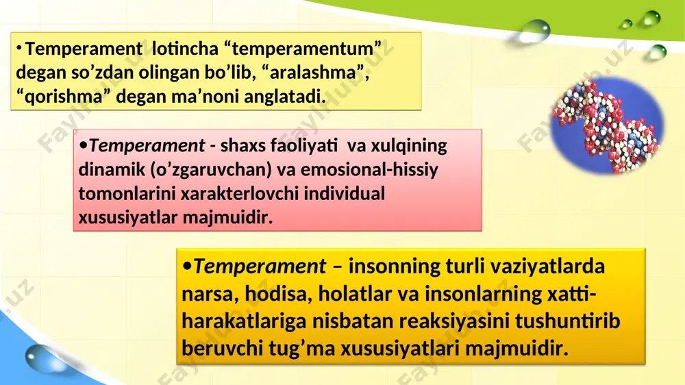 n. sangviniklar chin ko’ngildan va’dalar berishlari, lekin, ko’pincha, va’dani unutib, uni bajarmasliklari ham mumkin. bu xil temperamentli bolalar o’yinlarga tez va zavq bilan kirishadilar, lekin o’yin davomida, o’z rollarini tez-tez o’zgartirib turishga moyil bo’ladilar. ular darrov xafa bo’lishlari va yig’lashlari mumkin, lekin ular xafalikni tez unutadigan bo’ladilar. ularning yig’isi kulgi bilan tez almashadi. xatti-harakati jo’shqin, nutq sur’ati tez, yangilikni tez payqaydi, aql-idroki tiyrak, topqir, qiziqishlari, kayfiyati, intilishlari o’zgaruvchan. ko’nikma va malakalarni tez egallaydi. ko’ngli ochiq, dilkash, muloqotga tez kirishadi. hayolati (fantaziyasi) yuksak darajada rivojlangan: tashqi ta’sirlarga hozirjavob va hokazo sangviniklar kuchli sergap nerv tizimi muvozanatlashmagan muloqotchan o’ta qiziquvchan ifodali mimikaga ega boshlagan ishini oxiriga yetkazmaydi harakatchan sangvinik – hissiyotning juda sekin, kuchsiz qo’zg’alishi va uzoq davom etmasligi bilan farq qiladi. flegmatik temperamentli kishilar hissiyotlarining tashqi ifodasi kuchsiz bo’ladi. bu xil temperamentli odamlarni xursand qilish, xafa qilish yoki g’azablantirish ancha qiyin. flegmatik temperament flegmatiklarning psixik jarayonlari sust bo’ladi. bu xil temperamentli …