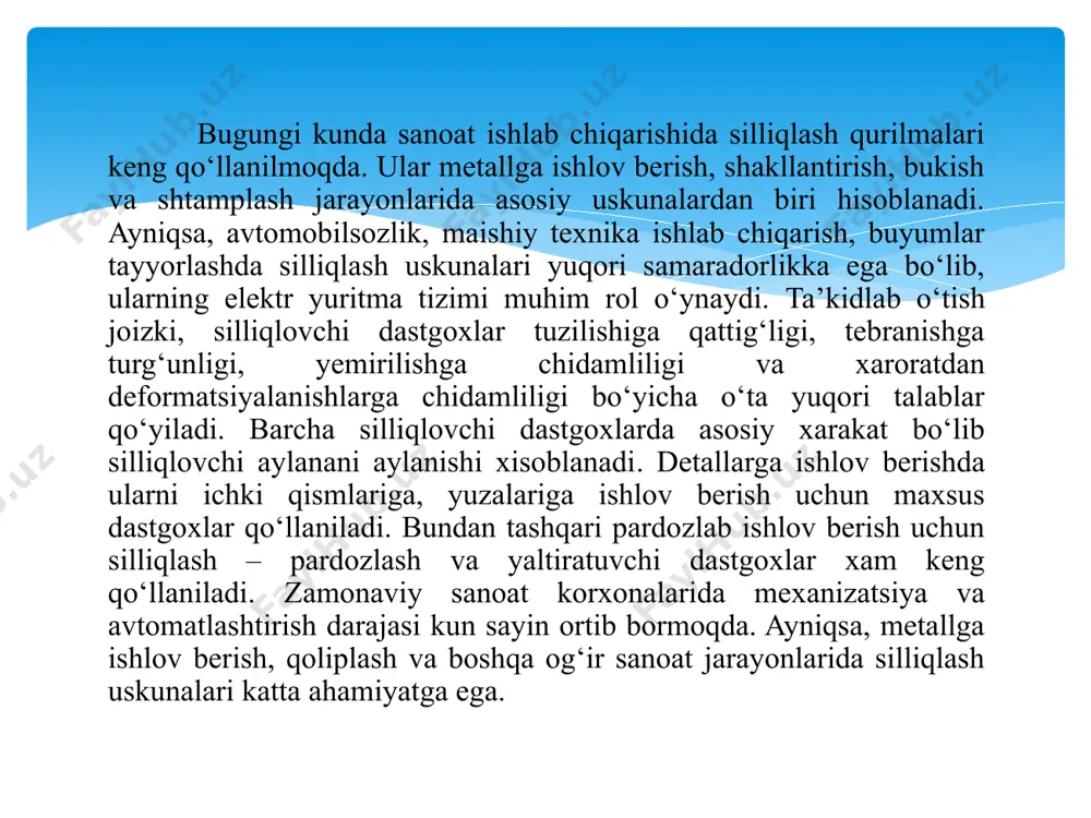 kda): 86,7% ishlash samaradorligi (50% yukda): 85,4% og‘irlik: 25 kg 4a90l2y3 elektr motorining texnik xususiyatlari nominal quvvat: 3,0 kw tarmoqdan oladigan quvvati (50 hz): 3,5 kw kuchlanish (50 hz): 380 v ishlash tezligi: 2890 ayl/min quvvat omili (cos φ): 0,84 ishlash samaradorligi (100% yukda): 84,4% ishlash samaradorligi (75% yukda): 85,6% ishlash samaradorligi (50% yukda): 84,3% og‘irligi: 35 kg dastgox elektr jixozlarini iqtisodiy asoslash boʼyicha ikkita variantni oʼzaro taqqoslash amalga oshirilishi koʼzda tutilgan. 1 variant boʼyicha dastgoxni bazaviy elektr jixozlari tarkibiga kiruvchi m1, m2, m3 elektrodvigatellarni texnik iqtisodiy koʼrsatkichlari, 2-variant boʼyicha esa tavsiya etilayotgan elektr yuritma tarkibiga kiruvchi 4a rusumli elektrodvigatellarni texnik iqtisodiy koʼrsatkichlari taqqoslanadi. buning uchun elektrodvigatellarni 1 yil davomidagi qabul qilingan elektr energiya sarflari va ularni narxlari xisoblab topilib, oʼzaro taqqoslanadi va samaradorligi yuqori variant aniqlanadi. dvigatel variant dvigatel turi dvigatel quvvat kvt fik % tarmoqdan oladigan quvvat, kvt m1 bazaviy 4a90l2y3 3,0 84,0 3,5 tavsiya et. ao2-31-2 2,8 …