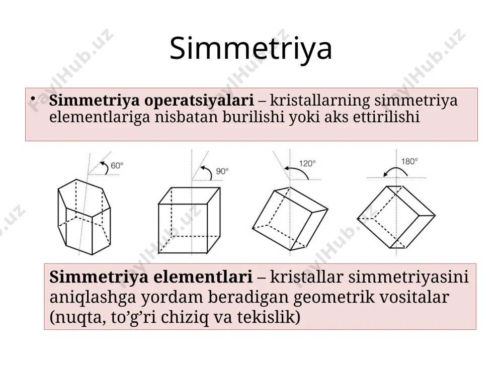 kisliklarining soniga teng. ikkinchi qoida simmetriya markazi va juft darajali simmetriya o‘qi mavjud shakllarda shu simmetriya o‘qiga tik yo‘nalgan simmetriya tekisligi ham o‘tadi uchinchi qoida yuqori darajali va shunga tik yo‘nalishda o‘tgan ikkinchi darajali simmetriya o‘qlari bo‘lgan kristall shakllaridagi ikkinchi darajali simmetriya o‘qlarining soni yuqori darajali simmetriya o‘qining daraja soniga tengdir l44l25pc image1.jpeg image2.jpeg image3.jpeg image4.jpeg image5.jpeg image6.png image7.jpeg image8.png image9.png image10.png image11.png image12.png image13.jpeg image14.png image15.png image16.png image17.jpeg image18.png image19.png image20.png image21.wmf image22.png image23.png image24.png image25.png image26.png image27.png image28.png image29.png /docprops/thumbnail.jpeg