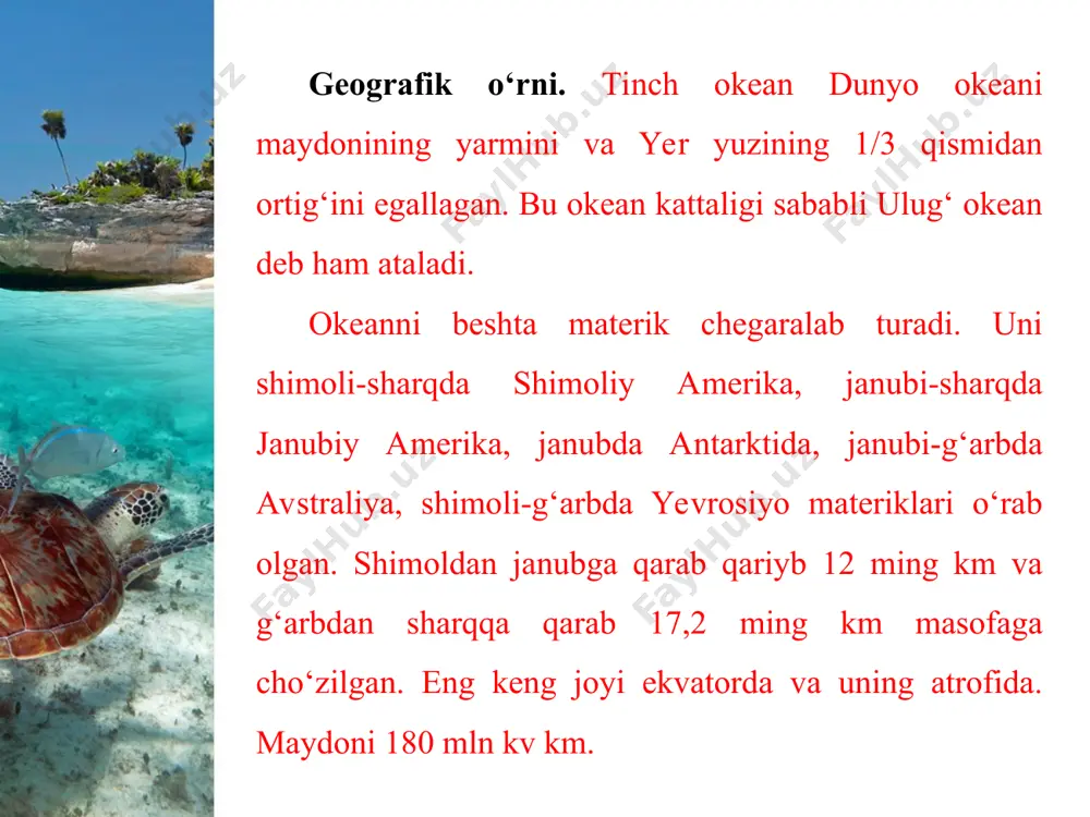 ‘p. bu oqimlar okeanda issiqlikning qayta taqsimlanishiga va quruqlik iqlimiga katta ta’sir ko‘rsatadi. * organik dunyosi. tinch okean organizmlarning turli-tumanligiga ko‘ra birinchi o‘rinda turadi. dunyo okeanidagi tirik organizmlarning yarmi shu okeanga to‘g‘ri keladi. okeanning shimoliy qismida losossimon baliqlarning 95 % i yashaydi. boshqa okeanlarga nisbatan hayvonlar turi 3 — 4 baravar ko‘p. tridakna nomli eng yirik molluskalarning og‘irligi 30 kg ga boradi. sovuq va mo‘tadil mintaqalarda, ayniqsa, janubiy kengliklarda uzunligi 200 m bo‘lgan gigant suv o‘simliklari o‘sadi. tabiat mintaqalari. tinch okeanda barcha tabiat mintaqalari (shimoliy qutbiy mintaqadan tashqari) mavjud. shimoldan janubga tomon subarktika, mo‘tadil, subtropik, tropik, ekvatorial tabiat mintaqalari tarkib topgan. ular janubiy yarimsharda yana takrorlanadi. * insonning xo‘jalik faoliyati. okean sohillari va orollarida o‘nlab mamlakatlar joylashgan bo‘lib, dunyo aholisining yarmi shu joyda yashaydi. insonlar qadimdan okean hayvonlaridan oziq-ovqat mahsuloti tariqasida foydalanib kelganlar. hozirgi paytda dunyo okeanida ovlanadigan baliqlarning yarmi tinch okeanga to‘g‘ri keladi. turli molluskalar, qisqichbaqalar, krevetkalar, krillar ham …