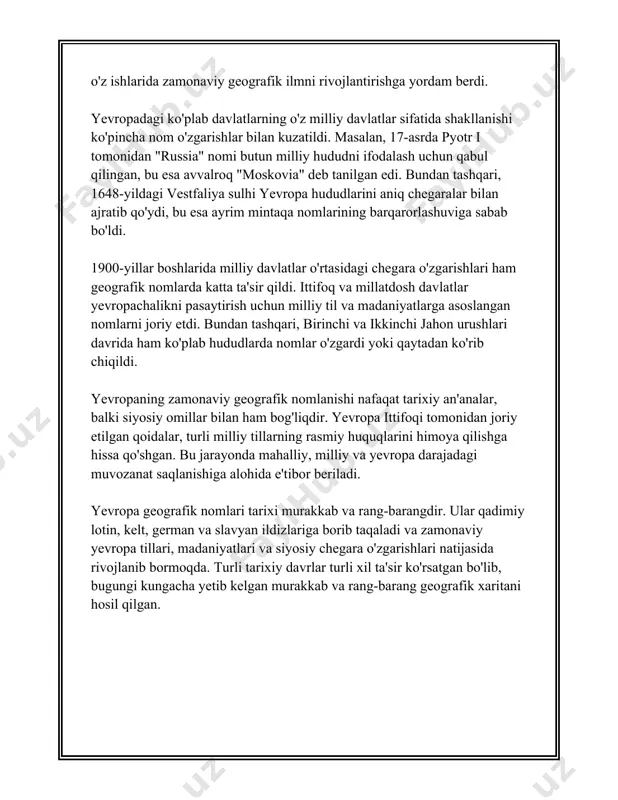 idagi qum" degan ma’no beradi. 10. **amsterdam**: amsterdamning nomi "amstel" daryosi ustidagi to‘siqdan (dam) kelib chiqqan. "amstelredamme" nomi asta-sekin qisqa shaklga o‘tkazilib, hozirgi "amsterdam" shakliga keltirilgan. yevropadagi shaharlar nomlarining kelib chiqishi odatda ularning geografik joylashuvi, tarixiy jarayonlar va dastlabki aholisi bilan bog‘liqdir. ushbu etimologik ma'lumotlar yevropalik odamlarning tarixiy madaniy aloqalari va til rivojlanishi haqida qimmatli ma’lumotlarni beradi. bu barcha ma'lumotlar shaharlarning tarixi va ularning boy madaniy merosi haqidagi tushunchani chuqurlashtirishga yordam beradi. har bir nom o‘z ichida shaharlarning yanada chuqur va turli qirralarini aks ettiradi. 3. daryolar va ko'llar nomlari albatta, mana siz uchun 3. daryolar va ko‘llar nomlari haqida faqat ma'lumotlar va raqamlar. 1. daryolar: - amudaryo: o‘zbekistonning asosiy daryolaridan biri bo‘lib, umumiy uzunligi taxminan 2540 km. daryo turkmaniston va o‘zbekiston orqali oqib o‘tadi. - sirdaryo: o‘zbekistonning yana bir muhim daryosi hisoblanib, uzunligi taxminan 2212 km. daryo qirg‘iziston, o‘zbekiston va qozog‘iston orqali oqib o‘tadi. - zarafshon daryosi: uzunligi taxminan …