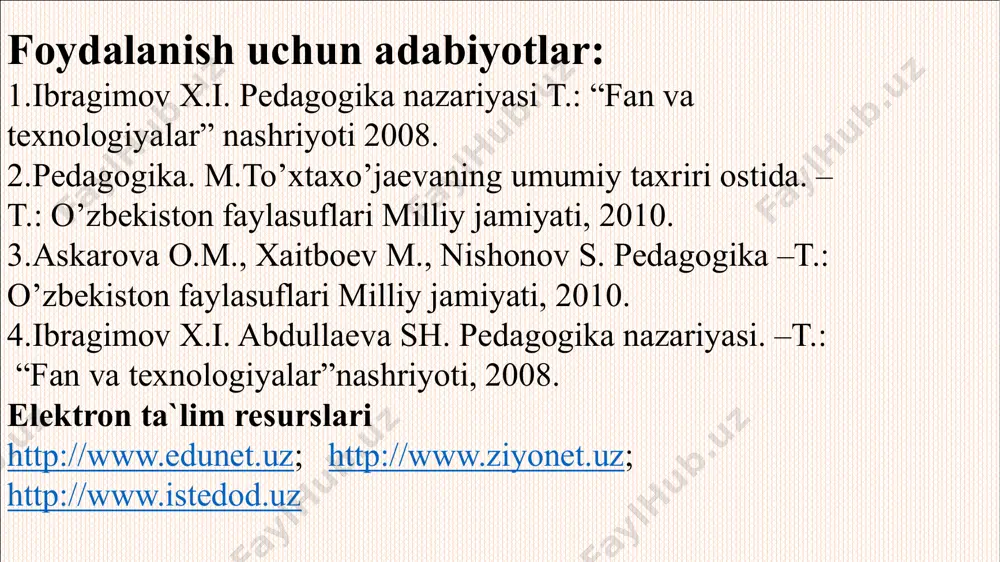 ta’minlovchi faoliyat, xatti-harakatlarning miqdor va sifat jihatdan о‘zgarishini ifodalovchi jarayon shaxsning rivojlanganlik darajasini belgilovchi holatlar: uning fiziologik, ruhiy va intellektual о‘sishini ta’minlovchi faoliyat va xatti-harakatlarining miqdor va sifat jihatdan о‘zgarishi yosh davrlari go’daklik davri (tog’ilganidan bir yoshgacha bo’lgan davr) bolalik davri (bir yoshdan uch yoshga cha) maktabgacha tarbiya yoshi (uch yoshdan yetti yoshga cha) kichik maktab yoshi (6-7 yoshdan 11-12 yoshga cha) o’smirlik yoshlari (12 yoshdan 15-16 yoshgacha) o’spirinlik davri (15-16 yoshdan 18 yoshgacha) nazorat uchun savollar: 1. “individ”, “shaxs”, “individuallik” tushunchalarini sharhlang. 2. “rivojlanish” va “shaxs rivojlanishi” tushunchalarini ta’riflang. 3. shaxsning shakllanishiga qanday omillar ta’sir etadi? 4. shaxs faoliyati haqida sо‘zlab bering. 5. о‘quvchilarning yosh xususiyatlarini tavsiflang. 6. shaxsning ijtimoiylashuvini qanday tushunasiz? e’tiboringiz uchun rahmat! image1.jpeg image2.jpg /docprops/thumbnail.jpeg