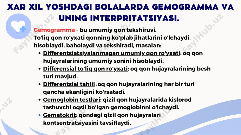 oglobinning oshishi sabablari yosh jins o’lchov birligi — gr/l 2 haftalikkacha 134 — 198 2-4 haftaik 107 — 171 4-9 haftalik 94 — 130 9-haftalikdan 4 oylikkacha 134 — 198 4-6 oylik 134 — 198 6-9 oylik 134 — 198 9 oylikdan 1 yoshgacha 134 — 198 1-5 yosh 134 — 198 5-10 yosh 134 — 198 10-12 yosh 120 — 150 12-15 yosh ayollar 115 — 150 erkaklar 120 — 160 15-18 yosh ayollar 117 — 153 erkaklar 117 — 166 18-45 yosh ayollar 117 — 155 erkaklar 132 — 173 45-65 yosh ayollar 117 — 160 erkaklar 131 — 172 65 yoshdan keyin ayollar 120 — 161 erkaklar 126 – 174 gemoglobin qizil qon hujayralari (eritrotsitlar) soni eritrositlar — kichik o’lchamli qizil qon tanachalari. bular qonning eng ko’p miqdordagi hujayralari. ularning asosiy vazifasi — kislorodni tashish va uni organlarga va to’qimalarga yetkazishdir. eritrositlar ikki tomondan botiq disklar shaklidadir. …