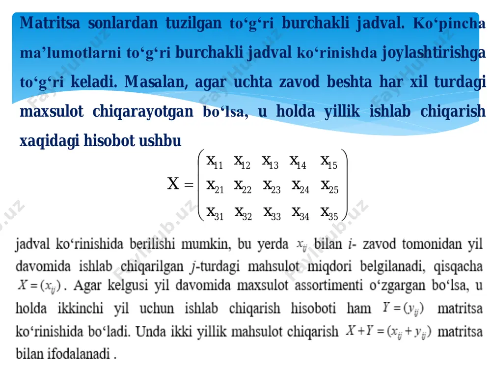 ga aytiladi va quyidagicha belgilanadi: (5)           333231 232221 131211 aaa aaa aaa 332112112332132231133221312312332211 aaaaaaaaaaaaaaaaaa −−−++= .333231 232221 131211 aaa aaa aaa shunday qilib 3-chi tartibli determinant uchun quyidagiga egamiz 3-chi tartibli determinantni hisoblash usullari: .332112112322132231133221332312332211 .333231 232221 131211 aaaaaaaaaaaaaaaaaa aaa aaa aaa −−−++== foydalangan adabiyotlar ro’yxati: 1. claudio canute, anita tabacco. mathematical analysis i,ii. springer-verlag italia, milan 2015. 2. gerd baumann. mathematics for engineers i. munchen. 2010. 3. erwin kreyszig. advanced engineering mathematics. usa. 2006 4. m.xushvaqtov va boshqalar. оliy mаtеmаtikа. adabiyot uchqunlari. t. 2016. 5. n.m.jabborov va boshqalar. оliy mаtеmаtikа. t. 2010. 6. x.k.abduraxmanova,a.a. abduraxmanov,i.e.tursunov, учебное пособие по разделам высшей математики nomli о‘quv qо‘llanma т.2020 7. x.k.abduraxmanova,a.a. abduraxmanov, z.a. nalibayeva i.e.tursunov, ehtimollar nazariyasi va matematik statistika bо‘yicha masalalar tо‘plami va yechimlari bо‘yicha о‘quv qо‘llanma. t.2021 8. m.atamirzayev, a.e. tangirov, a.a. olimov, oliy matematikadan kompyuter matematikasi tizimlari va zamonaviy axborot …