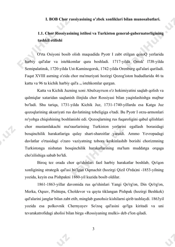 b, amudaryoning oltinli qumlarga boyligi to'g'risida ma'lumot beradi. oltin va boyliklar vasvasasi bilan pyotr i o'rta osiyoga 1717-yilda knyaz bekovich-cherkasskiyni katta qo'shin bilan yuboradi. ammo xiva xoiii sherg'ozixon bu qo'shinni batamom qirib tashlaydi. i. bob chor rassiyasining o’zbek xonliklari bilan munosabatlari. 1.1. chor rossiyasining istilosi va turkiston general-gubernatorligining tashkil etilishi o'rta osiyoni bosib olish maqsadida pyotr i zabt etilgan qozoq yerlarida harbiy qal'alar va istehkomlar qura boshladi. 1717-yilda omsk' l7j8-yilda semipalatinsk, 1720-yilda ust-kaminogorsk, 1742-yilda orenburg qal'alari quriladi. faqat xviii asrning o'zida chor ma'muriyati hozirgi qozog'iston hududlarida 46 ta katta va 96 ta kichik harbiy qal'a va istehkomlar qurgan. katta va kichik juzning xoni abulxayrxon o'z hokimiyatini saqlab qolish va qalmiqlar xataridan saqlanish ilinjida chor rossiyasi bilan yaqinlashishga majbur bo'ladi. shu tariqa, 1731-yilda kichik juz, 1731-1740-yillarda esa katga juz qozoqlarining aksariyati rus davlatining tobeligiga o'tadi. bu pyotr i orzu-armonlari ro'yobga chiqishining boshlanishi edi. qozoqlarning rus fuqaroligini qabul qilishlari chor mustamlakachi ma'raurlarining …