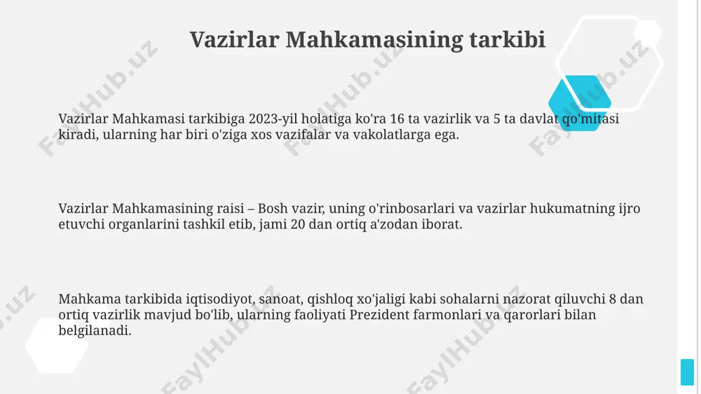rejalashtirilgan. vazirlar mahkamasi tomonidan amalga oshirilayotgan ijtimoiy infratuzilmani rivojlantirish loyihalari natijasida 2024-yilga qadar 500 mingdan ortiq yangi ish o'rni yaratilishi kutilmoqda. ijtimoiy sohani rivojlantirishda vazirlar mahkamasi, 2022-yilgi davlat dasturlariga muvofiq, sog'liqni saqlash va ta'limga byudjet mablag'larining 30% dan ortig'ini yo'naltirdi. mahalliy hokimiyat bilan hamkorlik 2024-yil uchun mahalliy hokimiyatlar bilan hamkorlikda 100 dan ortiq ijtimoiy-iqtisodiy dasturlarni amalga oshirish rejalashtirilgan, bu 1 million aholiga ta’sir ko’rsatadi. hududlarda amalga oshirilayotgan loyihalarni muvofiqlashtirish uchun vazirlar mahkamasi 5 ta viloyatda o’z vakillarini joylashtirdi, bu 30% ga samaradorlikni oshirdi. mahalliy hokimiyat organlari bilan samarali hamkorlikni ta’minlash maqsadida vazirlar mahkamasi tomonidan 2023-yilda 15 dan ortiq qo’shma qarorlar qabul qilindi. vazirlar mahkamasining tuzilishi vazirlar mahkamasining faoliyati qonunlarga muvofiq boʻlishi va parlament nazorati ostida amalga oshirilishi, yillik hisobotlar taqdim etilishi majburiy hisoblanadi. hukumat tarkibiga prezident tomonidan tayinlanadigan bosh vazir va uning oʻrinbosarlari, vazirlar va boshqa rahbarlar kiradi, ularning soni va vakolatlari konstitutsiya va qonunlar bilan belgilanadi. vazirlar mahkamasi 20 …