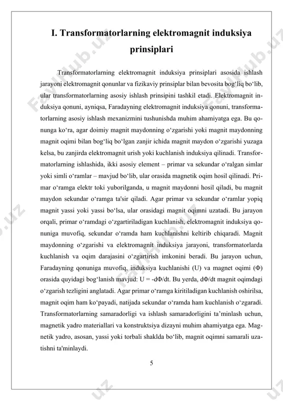 rish mexanizmi transformatorda kuchlanmaning ortishi yoki kamayishi o‘ramlar sonining nisbati bilan belgilanadi. agar ikkilamchi o‘ramdagi chulg‘amlar soni birlamchi o‘ramdagidan ko‘p bo‘lsa, kuchlanma ortadi. aksincha, agar ikkilamchi o‘ramdagi chulg‘amlar kam bo‘lsa, kuchlanma kamayadi. bu xossa transformatorlarni elektr uzatish tarmoqlarida juda samarali vositaga aylantiradi. ii. ularning energiya yo‘qotilishi va issiqlik nazorati transformatorlarning energiya yo‘qotilishi va issiqlik nazorati muhim muammolar bo‘lib, ular transformatorlarning samaradorligini ta’minlash va uzoq muddatli ishlashini davom ettirish uchun asosiy ahamiyatga ega. elektr energiyasini uzatishda, transformatorlar o‘z ichiga olgan elektromagnit jarayonlar natijasida energiya yo‘qotilishi yuzaga keladi. bu yo‘qotilishlar asosan ikki turga bo‘linadi: o‘zaro bog‘liq bo‘lmagan issiqlik yo‘qotilishi (sıcaklik bilan bog‘liq) va elektromagnit yo‘qotilishlar (magnetik va elektr yo‘qotishlar). bu muammolarni hal qilish va nazorat qilish uchun, muhandislar va ilmiy jamoa turli texnologiyalar va metodlarni ishlab chiqmoqda. energiyaning yo‘qotilishining asosiy manbasi — magnetik yassi va o‘tkazgichlar orasida yuzaga keladigan elektr yo‘qotishlar. bu yo‘qotishlar asosan o‘tkazgichlarning elektr qarshiligi va magnetik yassi ichidagi hysteresis …