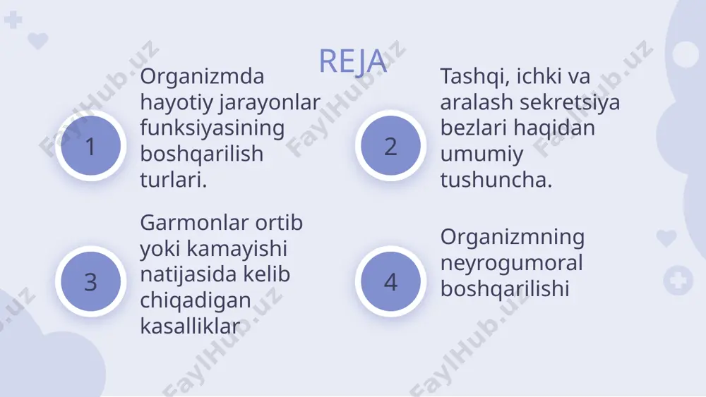 boshqa bezlar ishiga ta’sirini ko’rsatish mumkin. biron omil ta’sirida organizm ichki muhiti o'zgarib, stress holati (lotincha stress — zo‘riqish) yuzaga keladi. stress sovuq, issiq, og‘riq, turli kasalliklar va hissiy omillar (qo‘rquv, hayajonlanish, xafa bo‘lish) ta’sirida paydo boladi. bunday o‘zgarishlar ta’sirida nerv sistemasi qo‘zg‘aluvchanligi o'zgaradi. paydo bo‘ladigan nerv impulslari ta’sirida gipotalamus faollashib, uning sekretor hujayralari gormon ishlab chiqaradi. gormonlar gipofizni faollashtiradi. gipofiz gormonlari esa boshqa bezlarga ta’sir qilib, ularning funksiyasini kuchaytiradi yoki pasaytiradi credits: this presentation template was created by slidesgo, including icons by flaticon, infographics & images by freepik image1.jpeg