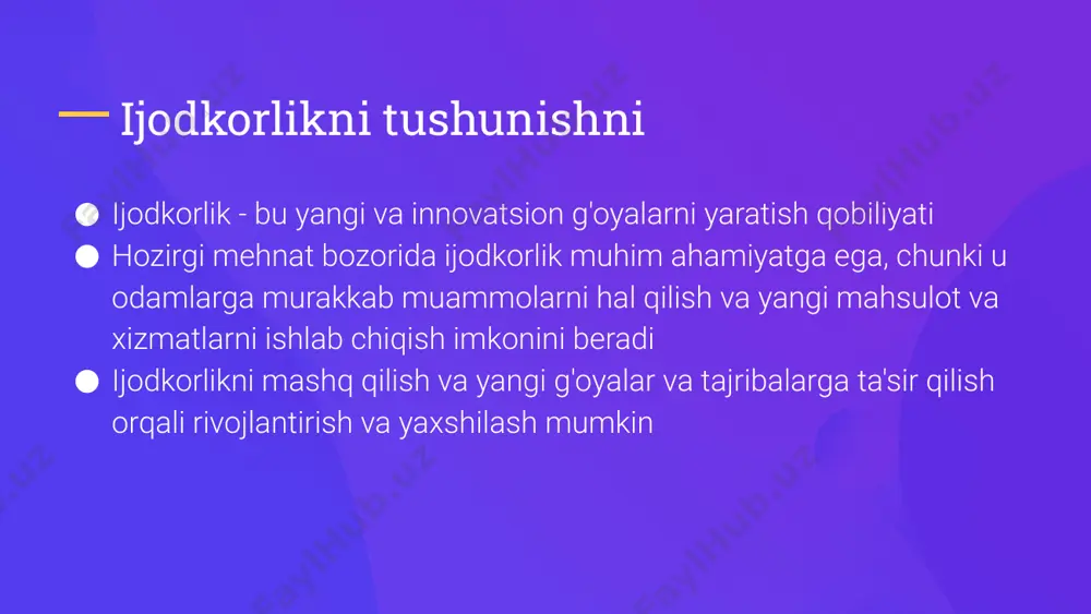 lantirishga yordam beradi using multimedia learning tools, such as videos, animations, and interactive exercises, can enhance creativity in the classroom. these tools can help students visualize complex concepts and engage with the material in new ways. they can also help students develop critical thinking and problem-solving skills. ijodkorlik bilan yondashish ijodiy yozuv o‘quvchilarga tanqidiy fikrlash va muloqot ko‘nikmalarini rivojlantirishga yordam beradi yozish mashqlarini o‘quv dasturiga kiritish o‘quvchilarning ijodkorligini rivojlantirishga va o‘z fikrlarini yanada samaraliroq ifodalashga yordam beradi. samarali muloqot uchun aniq va qisqa til muhim ahamiyatga ega creative writing can help students develop critical thinking and communication skills. incorporating writing exercises into a curriculum can help students develop their creativity and express themselves more effectively. clear and concise language is important for effective communication. tasviriy san'at tasviriy san'at o'quvchilarning ijodkorlik va muammolarni hal qilish ko'nikmalarini rivojlantirishga yordam beradi turli vositalar va usullardan foydalanish o'quvchilarga o'zlarini ifoda etishning turli usullarini o'rganishga …