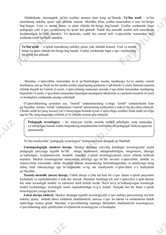 ida o'rganadi. ikki faoliyatning har birining mohiyatini aniq bayon etish uchun didaktika (ta'lim nazariyasi) va tarbiya nazariyasini ajratib ko'rsatadilar. hozirgi davrda didaktika o'qitishning mazmuni, metodlari va tashkiliy shakllarini ilmiy asoslab beruvchi pedagogika sohasi sifatida tushuniladi. umumiy didaktikadan tashqari xususiy didaktikalar yoki alohida fanlar bo'yicha ta'lim metodikasi deb ataluvchi didaktikalar ham mavjud. ularning mazmuni ta'limning ma'lum bosqichlarida u yoki bu fanlarni o'rganish va ta'lim berishning nazariy asoslarini belgilaydi. har bir o'qituvchi didaktika asoslarini puxta bilishi va ularga tayangan holda faoliyatni tashkil etishi zarur. didaktika predmetini aniqlash bo'yicha turli qarashlar ilgari surilgan. qarashlarning turlicha bo'lishi didaktikaning metodologik kategoriyalarini aniq ajratilmaganligi bilan bog’liq. ko'pchilik olimlar ta'lim obyekti deb o'qitish jarayonining maqsadi, mazmuni, qonuniyatlari, metodlari va tamoyillarini ko'rsatadilar. metod, usul va texnologiya. ta’lim metodi tushunchasi anchagina murakkabdir. shu bois pedagogikada uning tobora aniq talqini xususida munozara haligacha davom etmoqda. biroq bu tushunchaga beriladigan didaktlarning turli ta’riflariga qaramay, ularning nuqtai nazarlarini yaqinlashtiradigan qandaydir umumiylikni ham …