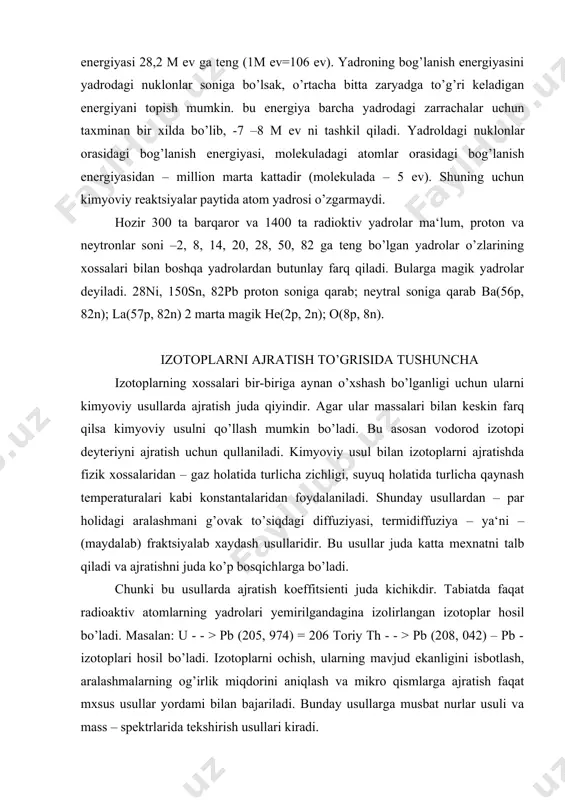 hlanish ayirmasi berilganda katod teshiklarida + zryadlngan nurlar oqimi f ek ga qarab harakat qila boshlaydi. bu nurlarga kanal nurlari yoki + zaryadlangan nurlari deyiladi. kanal nurlarining zarrachalari naydagi gazni tashkil qilgan moddalarning bitta yoki bir nechta elektron yo’qotgan atomlari yoki molekulalaridir. masalan: o2+ o+ o2+ n+ c+ co2+ h+ h2+ hg+ hg2+ e/m 1 1 1 1 1 1 1 1 1 1 8 16 32 14 12 44 1,007 2,014 200 100 bu ionlar xatto zy/m – lari bir xil bo’lgan ionlar ham har xil tezlikda harakat qiladi va fotogrammada har xil (chiziqlar) hosil qiladi. parabolalar hosil bo’ladi. 2. 1920 yilda aston tomson priborni o’zgartirdi va unga mass – spektrograf nom berdi. aston katod kanalidagi uzun tirqishni, diafragmali teshik orqali almashtirdi va magnit hamda elektromaydonlarni tekistlikda bir-biriga nisbatan perpendikulyar joylashtirdi. agar zarrachalarning massa va zaryadlari bir xil bo’lib tezliklari har xil bo’lsa, plastinkada 1 ta chiziq hosil bo’ladi. …