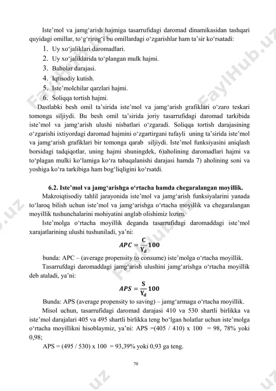to saving) – jamg‘armaga o‘rtacha moyillik. misol uchun, tasarrufidagi daromad darajasi 410 va 530 shartli birlikka va iste’mol darajalari 405 va 495 shartli birlikka teng bo‘lgan holatlar uchun iste’molga o‘rtacha moyillikni hisoblaymiz, ya’ni: aps =(405 / 410) x 100 = 98, 78% yoki 0,98; aps = (495 / 530) x 100 = 93,39% yoki 0,93 ga teng. 71 demak, bu misollardan ko‘rinib turibdiki, tasarrufidagi daromadlar miqdori ko‘payib borishi bilan uning tarkibidagi iste’mol ulushi kamayib va aksincha jamg‘arma ulushi ko‘payib boradi. bu holatni keynsning “asosiy psixologik qonun”i bilan izohlash mumkin. “mavjudligiga nafaqat aprior tasavvurlarga ko‘ra, bizning inson tabiatini bilishimizdan kelib chiqib shuningdek o‘tmish tajribasini sinchiklab o‘rganish asosida biz to‘liq ishonishimiz lozim bo‘lgan asosiy psixologik qonun shundan iboratki kishilar daromadlari o‘sishi bilan, odatda, o‘z iste’mollarini oshirishga moyillar, ammo daromadlari o‘sgan darajada emas”35. soliqlar to‘langandan keyin qolgan daromadning bir qismi iste’mol qilinadi, ikkinchi qismi esa jamg‘ariladi, shu tufayli ham iste’molga va jamg‘arishga o‘rtacha …