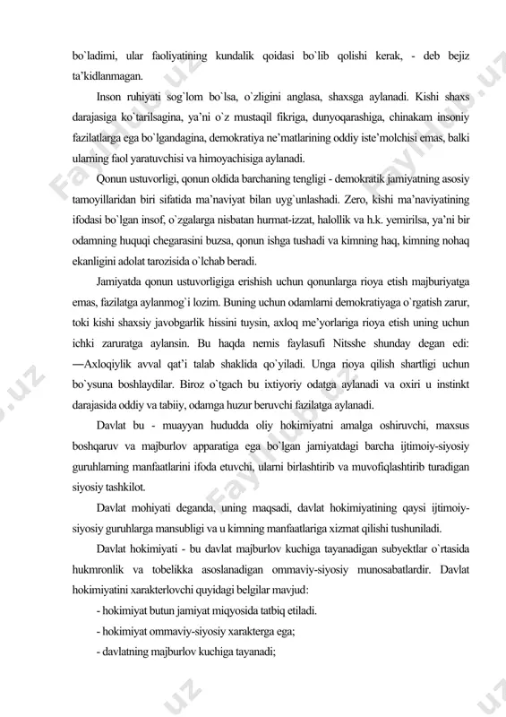 o`rni masalasi ham yangicha ahamiyat kasb eta boshladi. o`zbekiston respublikasi birinchi prezidenti i.karimov 1990 - yillardayoq yangi madaniy munosabatlar davrida rahbar shaxsning, avvalo, ma’naviyati yuksak bo`lishi masalasini qat’i kun tartibiga qo`ygan edi. bu bilan birinchi prezident mustaqil fikri, yuksak ongi va kasbining yetuk egasi bo`lgan rahbar shaxslarning yangi avlodini shakllantirishni nazarda tutgan edi. shu sababli prezidentimiz sh.m.mirziyoyev tomonidan boshqaruv madaniyati va rahbar shaxs ma’naviyatiga doir o`z konseptual qarashlarini tadrijiy ravishda, izchil bayon qilinib: ― tanqidiy tahlil, qat’iy tartib-intizom va shaxsiy javobgarlik har bir rahbarni - bu bosh vazir yoki uning o`rinbosarlari bo`ladimi, hukumat a’zosi yoki hududlar hokimi bo`ladimi, ular faoliyatining kundalik qoidasi bo`lib qolishi kerak, - deb bejiz ta’kidlanmagan. inson ruhiyati sog`lom bo`lsa, o`zligini anglasa, shaxsga aylanadi. kishi shaxs darajasiga ko`tarilsagina, ya’ni o`z mustaqil fikriga, dunyoqarashiga, chinakam insoniy fazilatlarga ega bo`lgandagina, demokratiya ne’matlarining oddiy iste’molchisi emas, balki ularning faol yaratuvchisi va himoyachisiga aylanadi. qonun ustuvorligi, qonun oldida barchaning tengligi - …
