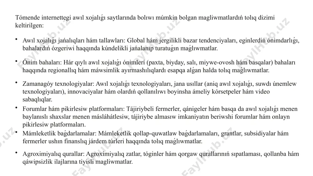 optimallastırıw imkaniyatın beredi. bul fermerlerge zúráátlilikti arttırıw hám resurslardan nátiyjeli paydalanıwda járdem beredi. dronlar dronlar járdeminde eginlerdiń jaǵdayın baqlaw, zıyankesler hám keselliklerdi anıqlaw, ósimliklerdiń salamatlıǵın bahalaw múmkin. olardıń joqarı anıqlıqtaǵı fotosúwretleri hám videomaterialları fermerlerge óz waqtında ilajlar kóriw hám zıyandı minimallastırıw imkaniyatın beredi. mobil qosimshalar kóplegen mobil qosımshalar fermerlerge awıl xojalıǵı bazarların baqlaw, ónimlerdi satıw, tóginler hám basqa materiallar jetkerip beriwge buyırtpa beriw imkaniyatın beredi. ayırım qosımshalar eginlerdi basqarıw, suwǵarıw hám tóginlew boyinsha usınıslar beredi. 7 awıl xojalıǵı maǵlıwmatlar bazası 1 magliwmatlar toplaw: jer ónimdarlıǵı hám hawa rayı sharayatı fermerler topıraqtıń ónimdarlıǵı, ıǵallıq dárejesi, temperatura, quyash nurı sıyaqlı parametrlerdi ólsheytuǵın sensorlardan hám jasalma joldaslardan alınǵan maǵlıwmatlardan paydalanıp, eginler haqqında tolıq maǵlıwmatlar jıynawı múmkin. bunnan tısqarı, zúráát muǵdarı, suwǵarıw muǵdarı, jumsalǵan tóginler hám pesticidler haqqındaǵı maǵlıwmatlar da toplanadı. 2 magliwmatlar analizi: ónimdarlıqtı boljaw hám resurslardı optimallastırıw toplanǵan maǵlıwmatlar arnawlı programmalıq támiynat járdeminde analizlenedi. bul tallaw fermerlerge zúráátlilikti anıq boljaw, suw hám …