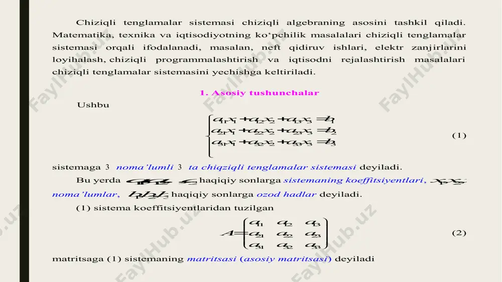 chi bosqichda sistema pog‘onasimon ko‘rinishga keltiriladi. pog‘onasimon sistema deyilganida           mnknkkk nnkk nnkk bxaxa bxaxaxa bxaxaxaxa ... ............... ,...... ,...... 222222 111212111 ko‘rinishdagi sistema tushuniladi, bu yerda .,1,0, kiank ii  ikkinchi bosqichda noma’lumlar pog‘onasimon sistemadan ketma -ket topiladi. 1-misol.         1643 ,1432 ,9232 321 321 321 xxx xxx xxx tenglamalar sistemasini kramer formulalari bilan yeching. yechish. d va 3,2,1,id i determinantlarni hisoblaymiz: ,06 143 321 232 d ;12 1416 3214 239 1 d ;18 1163 3141 292 2 d .12 1643 1421 932 3 d kramer formulalari bilan topamiz: ,2 6 12 1 1     d d x ,3 6 18 2 2     d d x .2 6 12 3 3    d d x 2-misol.         …