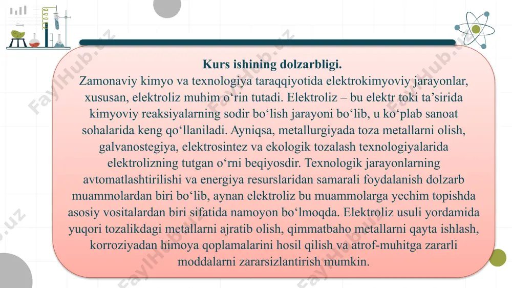nbai, 2-kulonometr, 3-ampermetr, 4-reostat, 5-kalit. elektrod jarayon ajraladigan modda anod cu2++2e-=cu mis (cu) qattiq holatda katod oksidlanish(inert elektrodda suvdan o2 mis elektrodda esa cu2+) kislorod yoki erigan mis ionlari tajribada olingan qiymatlar 1-tajriba 2-tajriba 3-tajriba tok kuchi ii (a) 0.20 0.20 0.20 elektroliz vaqti tt (sek) 900 900 900 tajribadan oldingi katod massasi (g) 12.000 12.365 12.730 tajribadan keyingi katod massasi (g) 12.365 12.730 13.095 ajralgan mis massasi mm (g) 0.365 0.365 0.365 e’tiboringiz uchun rahmat! image1.jpeg image2.jpeg image3.png image4.png image5.png image6.jpeg image7.png image8.jpeg