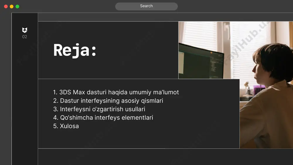 yaratish, ularni tahrirlash, modifikatsiya qilish, harakat berish, materiallar bilan ishlash kabi jarayonlar bajariladi. command paneli bir nechta bo‘limlardan iborat: create – yangi obyektlar yaratish; modify – obyekt shaklini o‘zgartirish; hierarchy – obyektlar o‘rtasidagi bog‘liqlikni boshqarish; motion – animatsiya berish; display – obyektlarni ko‘rsatish yoki yashirish; utilities – yordamchi vositalar. search thynk unlimited time slider va track bar ekranning pastki qismida joylashgan bu panellar animatsiya jarayonlarini boshqarish uchun ishlatiladi. time slider orqali animatsiya vaqtini tanlash va kadrlar orasida harakatlanish mumkin. 06 viewports (ko‘rish oynalari) 3ds max interfeysining markaziy qismi – bu viewportlar (ko‘rish oynalari). ular sahnadagi obyektlarni turli burchaklardan (yuqoridan, oldindan, yon tomondan yoki perspektivadan) ko‘rish imkonini beradi. har bir viewport alohida boshqariladi: pan (harakatlantirish), zoom (yaqinlashtirish/uzoqlashtirish), orbit (atrofida aylantirish). status bar (holat paneli) status panelida sahnadagi obyektlar soni, koordinatalar, o‘lchov birliklari va boshqa texnik ma’lumotlar aks etadi. search interfeysni o‘zgartirish (customize qilish) 3ds max dasturi foydalanuvchining qulayligi uchun to‘liq moslashtiriladigan …