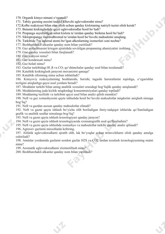 idan aromatik uglevodorodlarni dietilenglikol (deg) yordamida ekstraksiyalash prinsipial sxemasi tushintirib bering. 107. neftkimyo sintezi sanoatida olinadigan mahsulotlar? 108. etilenni to‘g‘ridan to‘g‘ri gidratatsiya qilishda katalizatorlar nechi sinfga bo’linadi? 109. ekstrfaol distillatsiyaning tub mohiyatini ayting. 110. nima uchun nikel va platinali katalizatorlarda gidrirlab ajratib olingan siklogeksan rektifikatsiya qilinmaydi? 111. etilenni to‘g‘ridan to‘g‘ri etil spirtiga gidratatsiya jarayoni nech bosqichda ketadi? 112. ekstrfaol distillatsiya soddalashtirilgan sxemasi tushintirib bering? 113. neftkimyo sintezi sanoatida kislorod saqlovchi mahsulotlardan qaysilari ishlab chiqariladi? 114. etilenni to‘g‘ridan to‘g‘ri gidratatsiyalab, etil spirti ishlab chiqarish prinsipial texnologik sxemasini tushintiring. 115. ksilollarni ajratib olish. 116. kislorod saqlovchi mahsulotlarni ishlab chiqarishni nechta asosiy guruhga bo‘lish mumkin? 117. olefinlarning sulfat kislota yordamida gidratatsiyasi haqida ma’lumot bering. 118. ksilol fraksiyasini individual uglevodorodlarga ajratish printsipial sxemasini tushintiring. 119. uglevodorodlarni oksidlab qimmatli qanday mahsulotlar olinadi? 120. olefinlarning sulfat kislotaga absorbsiyasining tezligi nimaga bog‘liq? 121. yaponiyada ksilollarni ajratib olishning qanaqa yangi orginal usuli ishlab chiqilgan? 122. neftkimyo sanoatida quysi …
