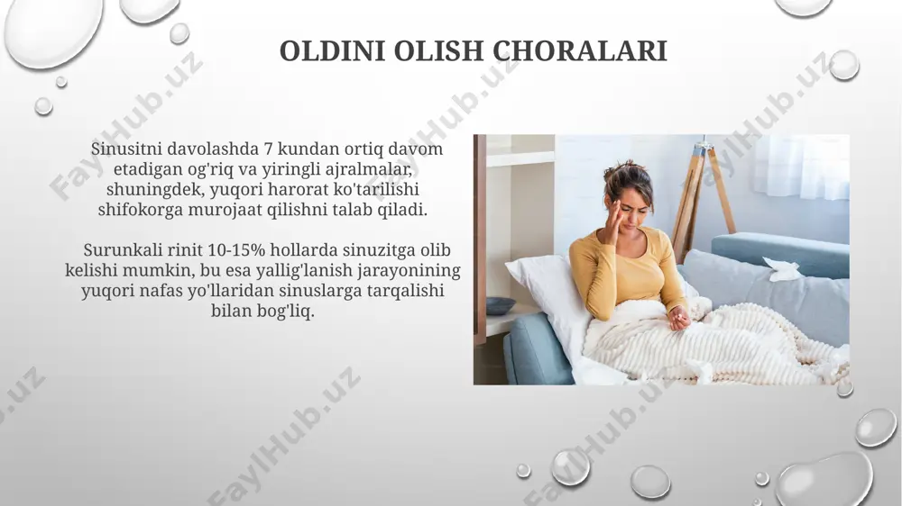 'rsatadi. kt sinusitning murakkab shakllarini aniqlashda muhim rol o'ynaydi. sinuzit sabablari sinuzitning 90% dan ortiq hollarda yuqumli kasalliklar, masalan, virusli yoki bakterial infeksiyalar sabab bo‘ladi, bu esa burun bo‘shlig‘ining shishishi va yallig‘lanishiga olib keladi. burun to‘siqlarining anatomik anormalliklari, masalan, burun poliplari yoki burun septumining egriligi, havoning sinuslarga oqishini qiyinlashtirib, sinuzit xavfini 2-3 barobar oshirishi mumkin. doktor bilan maslahatlashish doktor bilan uchrashuvga yozilganingizdan keyin, taxminan 1-2 hafta ichida tekshiruv va diagnostika natijalarini olishingiz mumkin, bu davolanish rejasini tuzish uchun muhimdir. agar sizda allergik rinit yoki boshqa nafas olish kasalliklari bo'lsa, bu haqda shifokorga xabar bering, chunki bu sinusitning sababini aniqlash va davolash rejasini tuzishda muhim rol o'ynaydi. bolalardagi sinuzit bolalardagi sinuzitning asosiy sabablaridan biri – virusli yoki bakterial infektsiyalar bo‘lib, bu holat 80% hollarda yuqumli kasalliklar bilan bog‘liq. bolalarda sinuzitning 3 yoshgacha bo‘lganlarda kam uchrashi, ammo 7-10 yosh oralig‘ida esa ancha tez-tez kuzatilishi tibbiy kuzatishlar orqali tasdiqlangan. homiladorlik davridagi sinuzit homiladorlik …