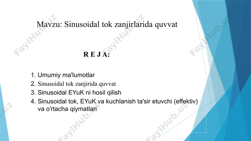 ha katta bo‘lsa, shuncha ko‘p aktiv quvvat manbadan iste'molchiga uzatiladi. aktiv quvvatni quyidagicha ifodalash mumkin: kuchlanish va tok berilgan qiymatlarida aktiv quvvatning maksimal qiymati zanjir to‘la quvvati deb ataladi: aktiv quvvat (2.2) ifodasidan: elektr zanjirini hisoblashda va amaliyotda reaktiv quvvat tushunchasidan foydalaniladi: reaktiv quvvat manba bilan iste'molchi o‘rtasidagi energiya almanishuvi tezligini tavsiflaydi va reaktiv tok iste'molini o‘lchovi hisoblanadi. zanjir induktiv xarakterga ega bo‘lganda reaktiv quvvat musbat, sig‘im xarakterga ega ( ) bo‘lganda esa manfiy bo‘ladi. aktiv, reaktiv va to‘la quvvatlar 2.15- rasm, b dagi quvvatlar uchburchagiga ko‘ra o‘zaro quyidagicha bog‘langan: , 1. umumiy ma'lumotlar amaliy elektrotexnikada asosiy rolni o'zgaruvchan tok o'ynaydi. hozirgi vaqtga kelib deyarli barcha elektr energiya o'zgaruvchan tok elektr energiyasi ko'rinishida ishlab chiqariladi. o'zgaruvchan tokni o'zgarmas tokka nisbatan asosiy avzalligi-uni uzatishda kuchlanishni oson va kam isrof bilan o'zgartirish imkoniyatidir. bundan tashqari, o'zgaruvchan tok generatorlari va motorlari o'zgarmas tok mashinalariga nisbatan tuzilishi sodda, ishlashda ishonchli va narxi arzon. 2. …